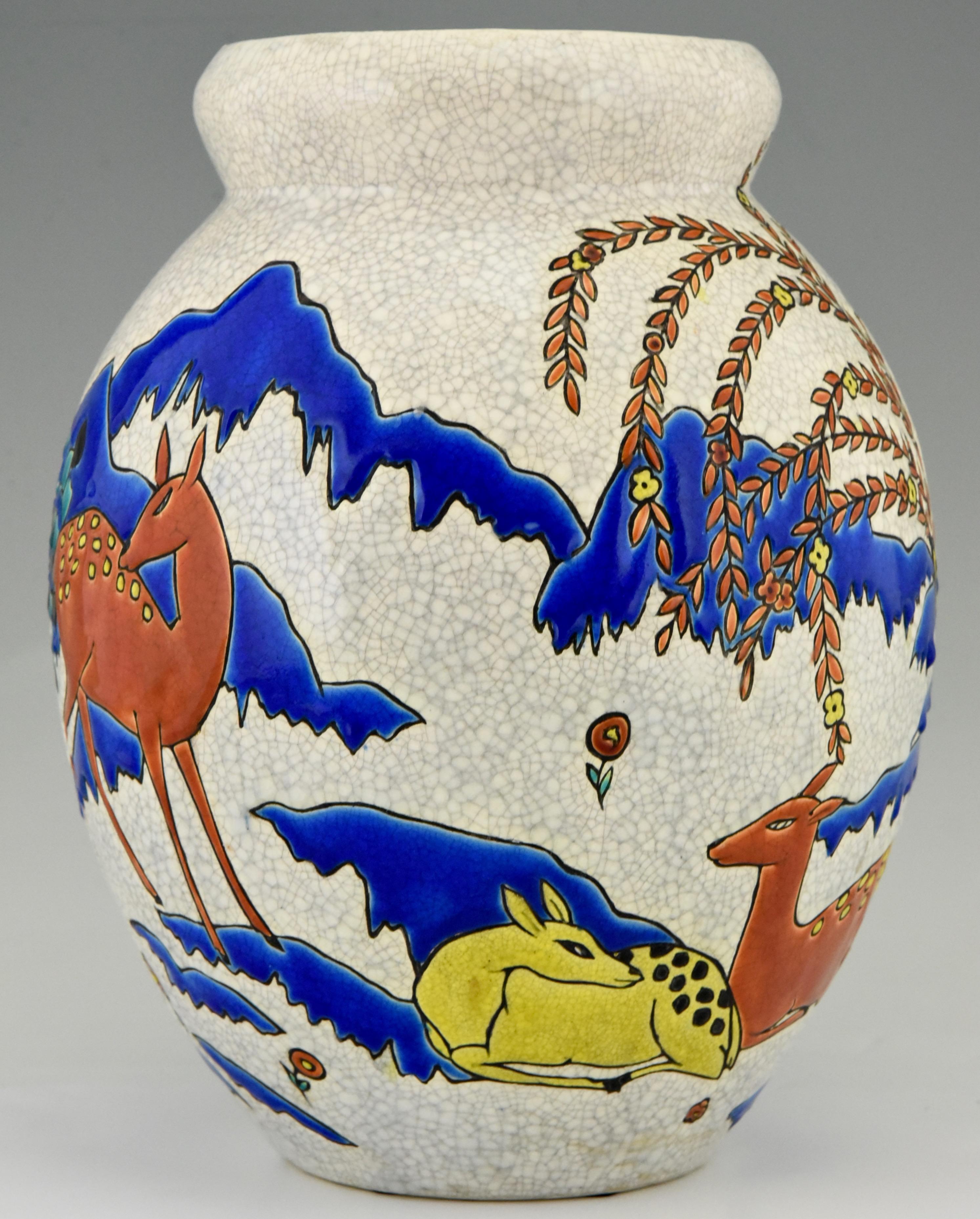Early 20th Century Art Deco Ceramic Vase with Deer Doe in Landscape Thérèse Hummel Boch Freres 1923
