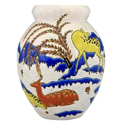 Art Deco Ceramic Vase with Deer Doe in Landscape Thérèse Hummel Boch Freres 1923