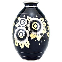 Art Deco Ceramic Vase with Flowers Black, Silver and Gold Boch Freres, 1936