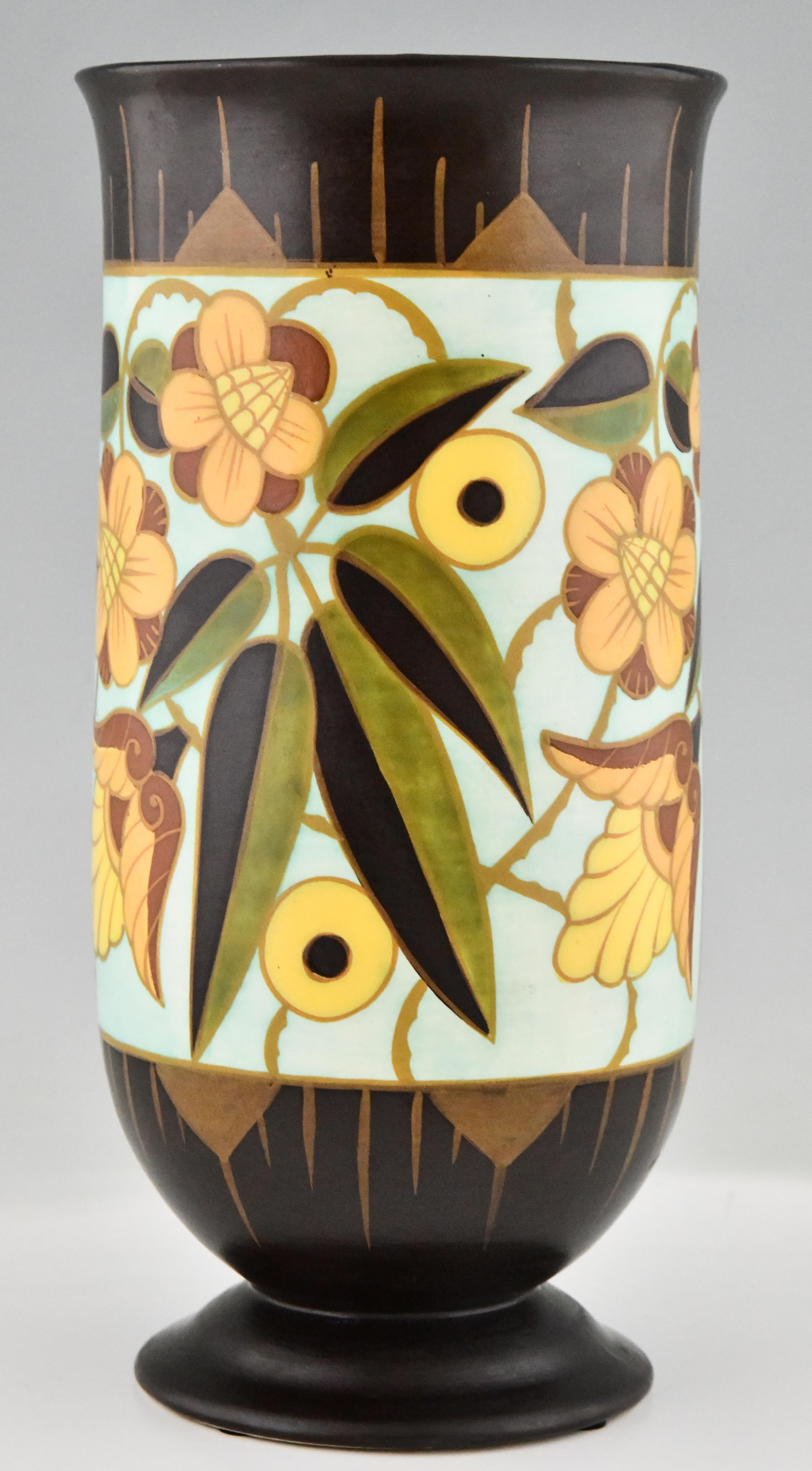 French Art Deco ceramic vase with flowers by Boch Frères, Keramis 1934