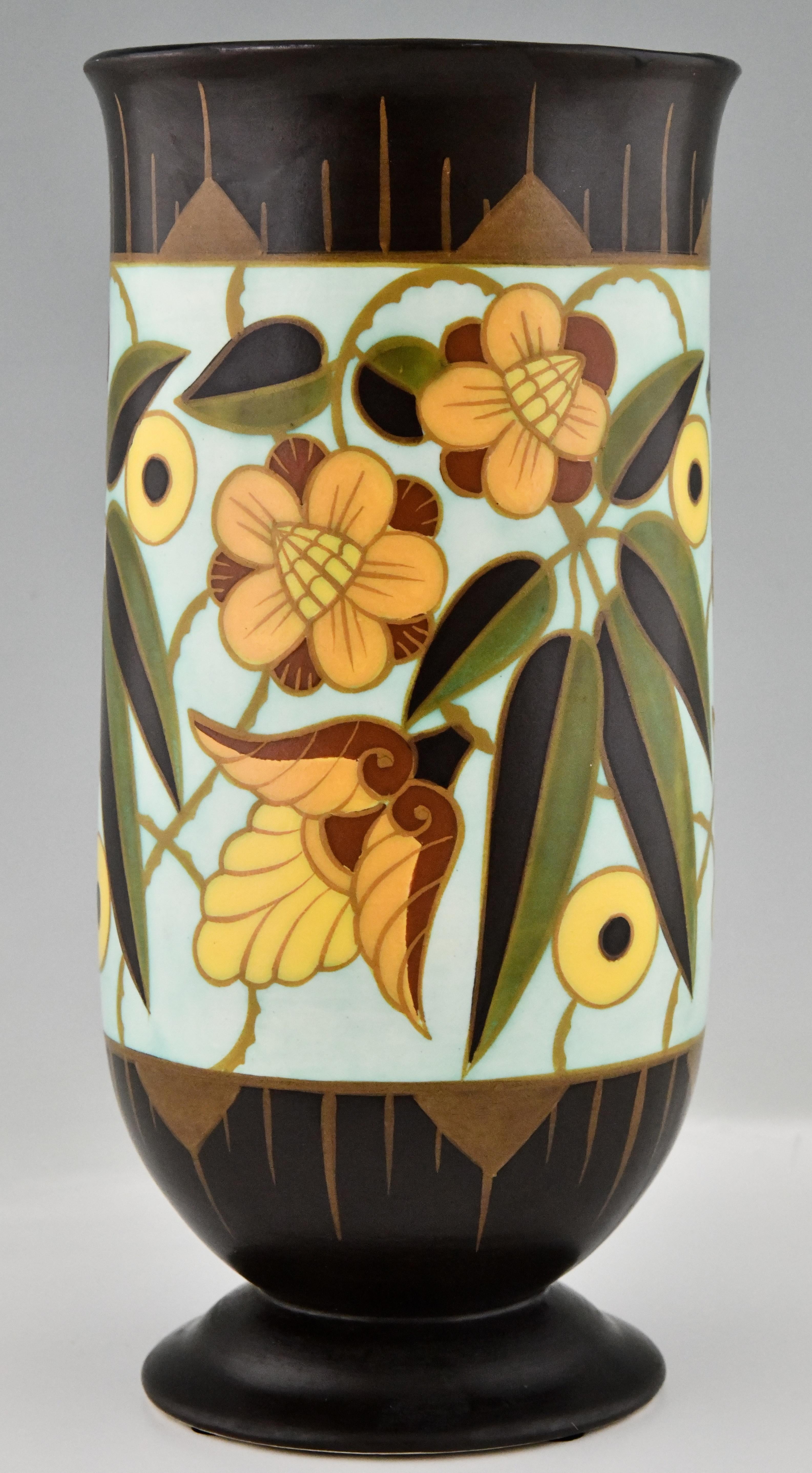 Ceramic Art Deco ceramic vase with flowers by Boch Frères, Keramis 1934