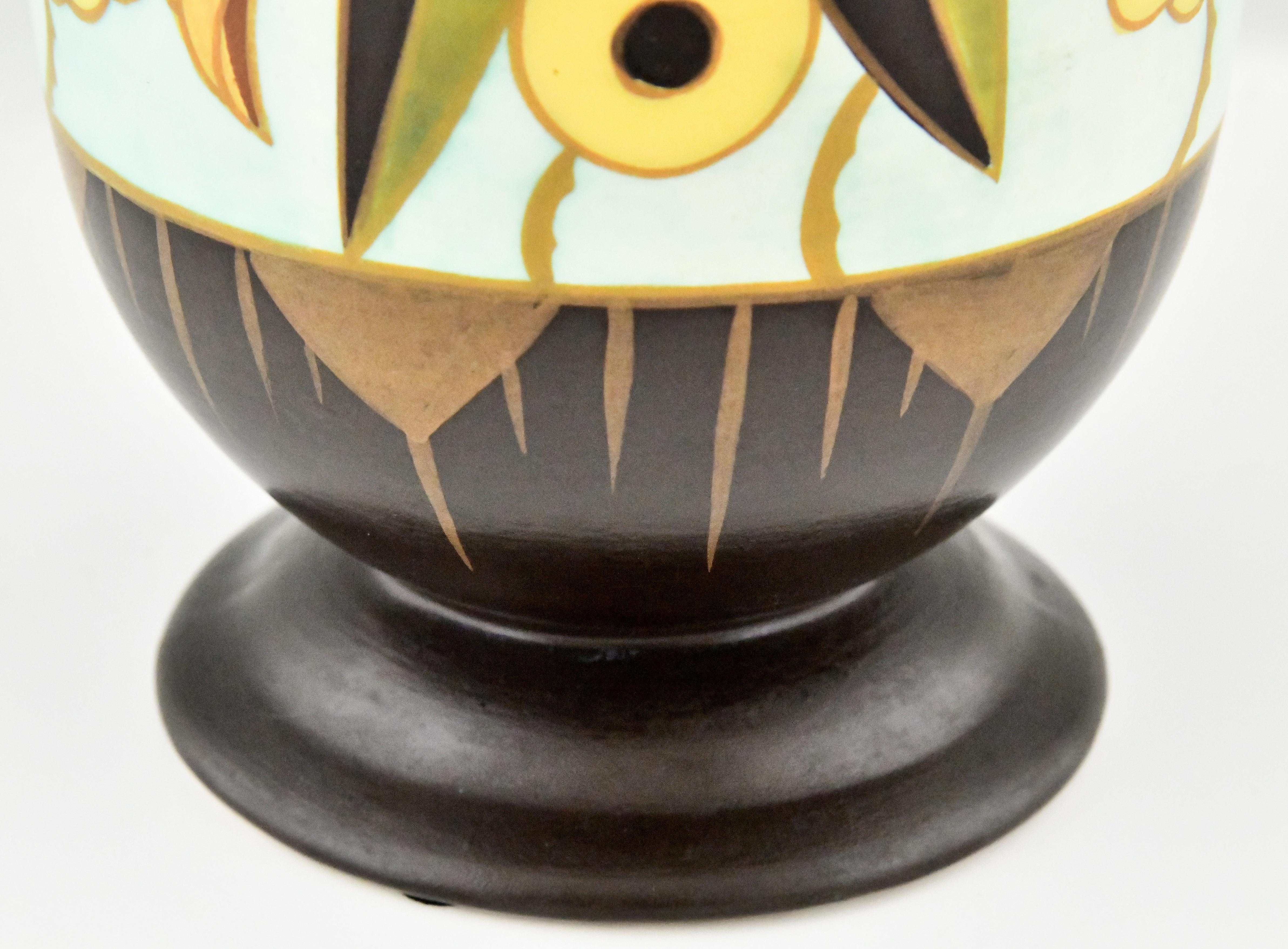 Art Deco ceramic vase with flowers by Boch Frères, Keramis 1934 2