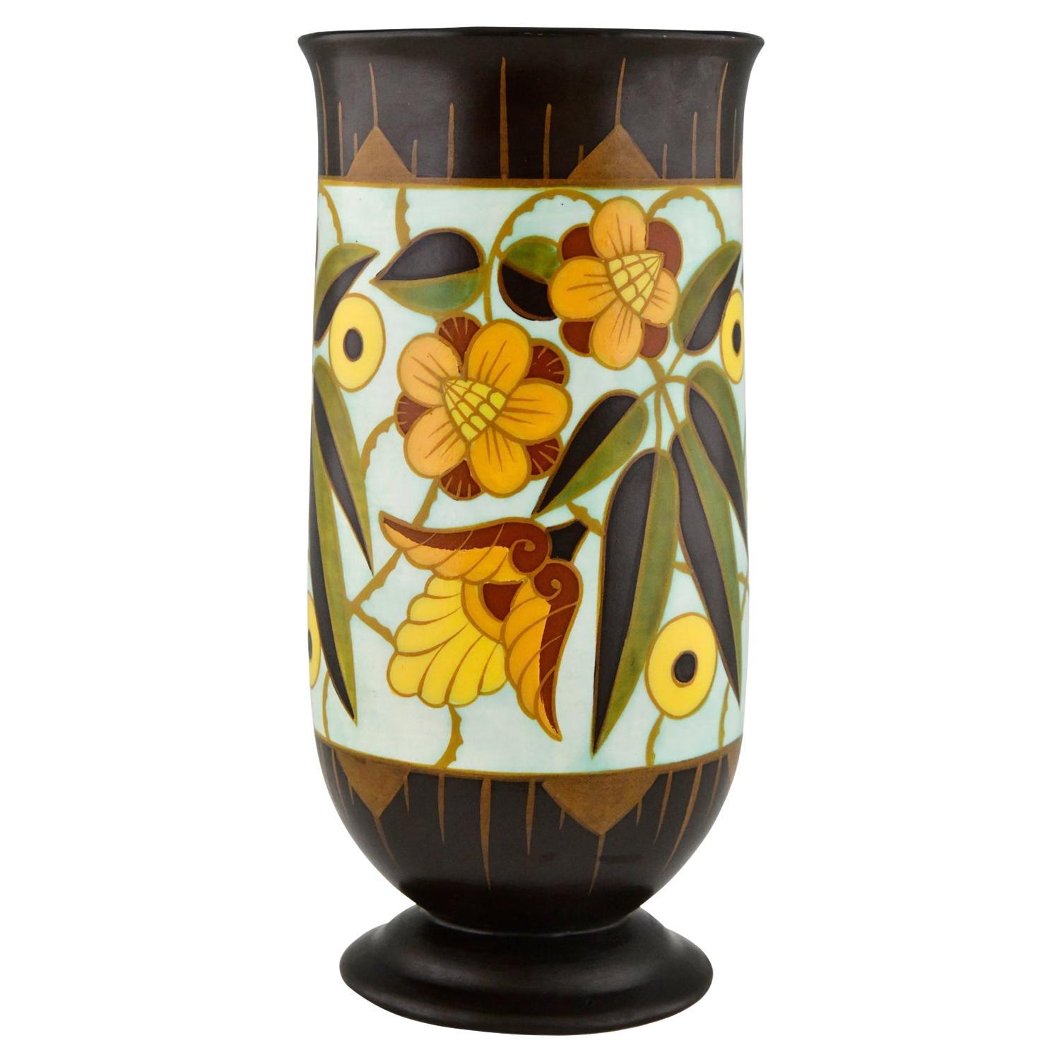 Art Deco ceramic vase with flowers by Boch Frères, Keramis 1934