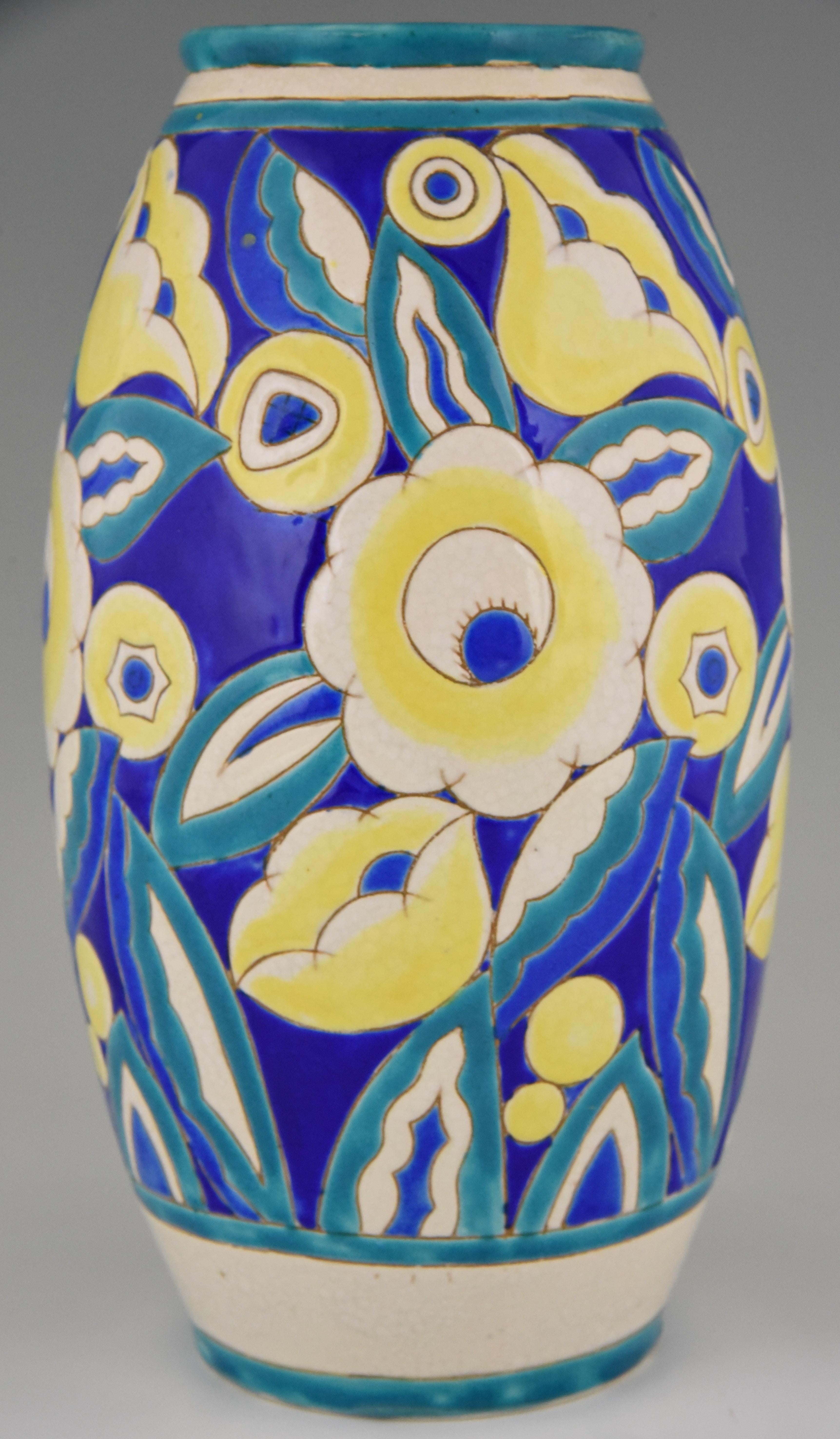 Belgian Art Deco Ceramic Vase with Flowers Keramis, Belgium, 1932