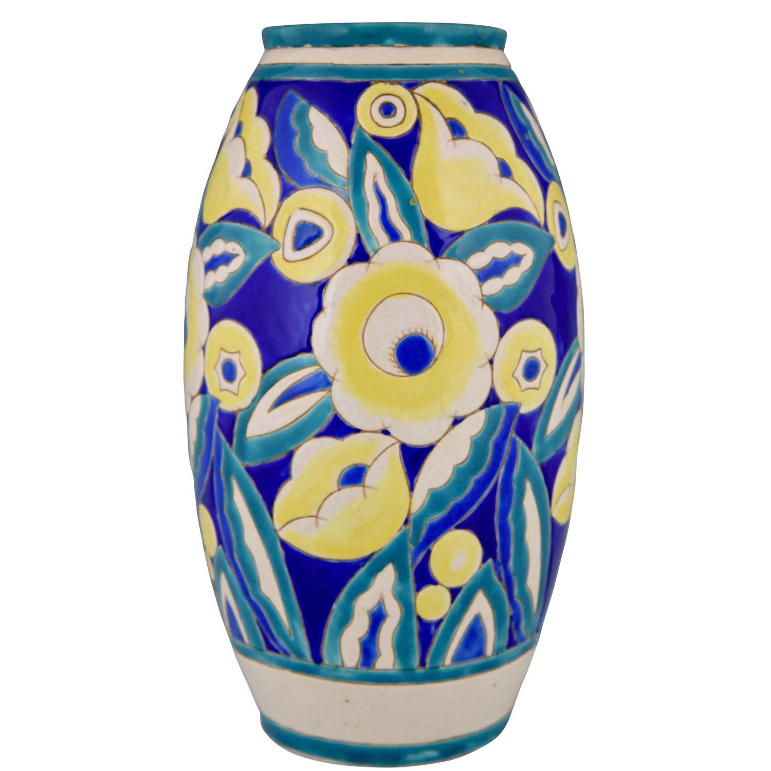 Art Deco Ceramic Vase with Flowers Keramis, Belgium, 1932