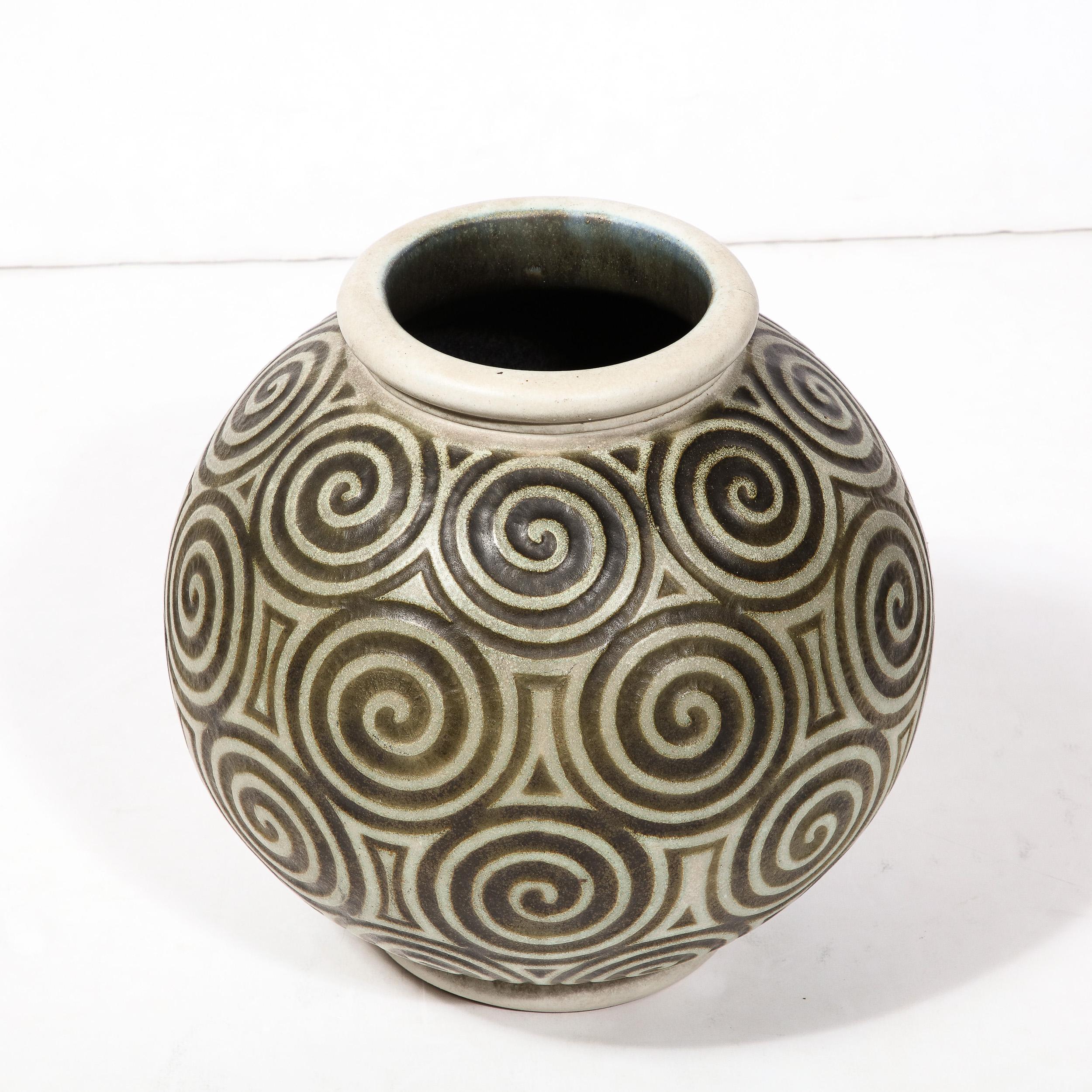 Art Deco Ceramic Vase with Geometric Spirals in Relief By Joseph Mougin Nancy 5