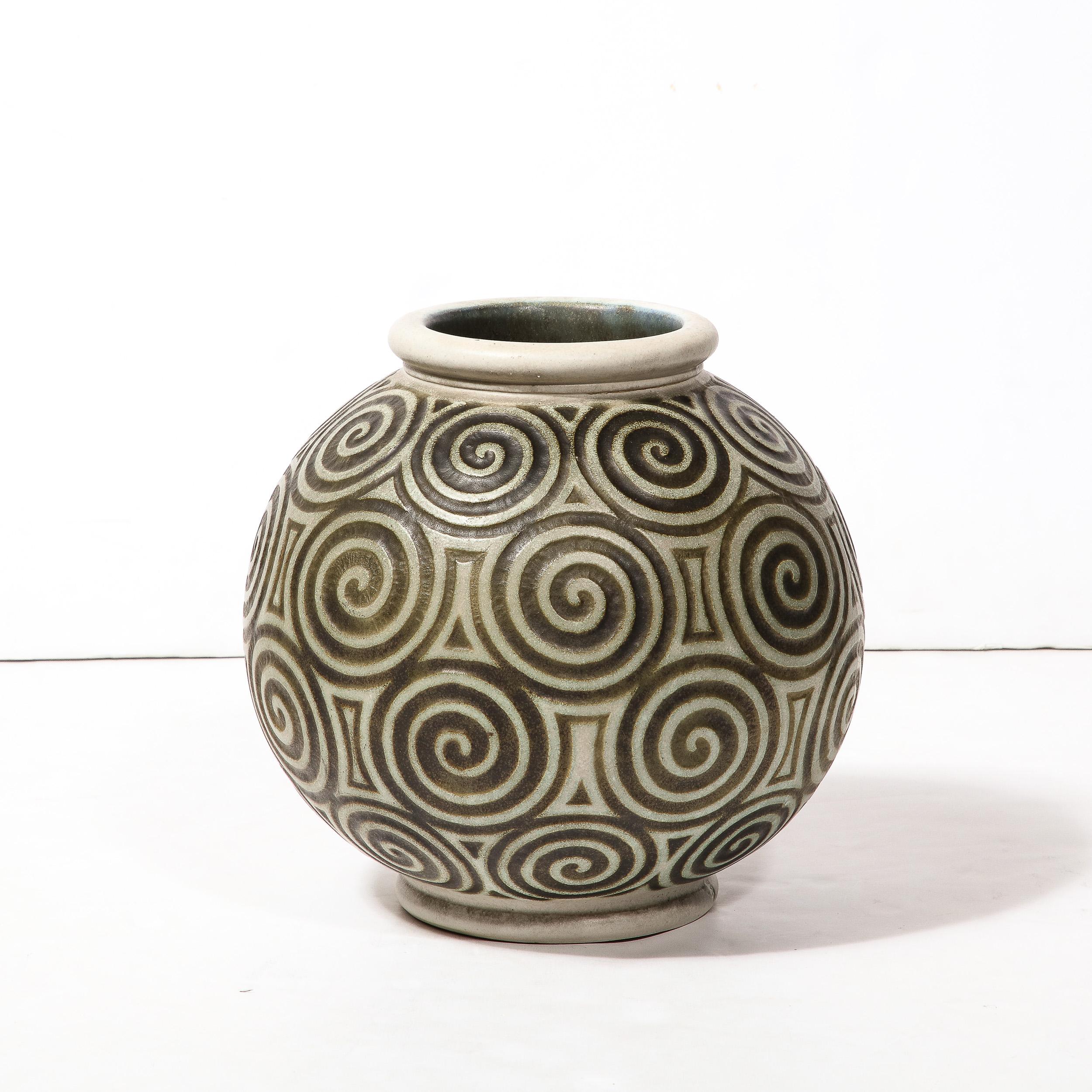 Art Deco Ceramic Vase with Geometric Spirals in Relief By Joseph Mougin Nancy 7