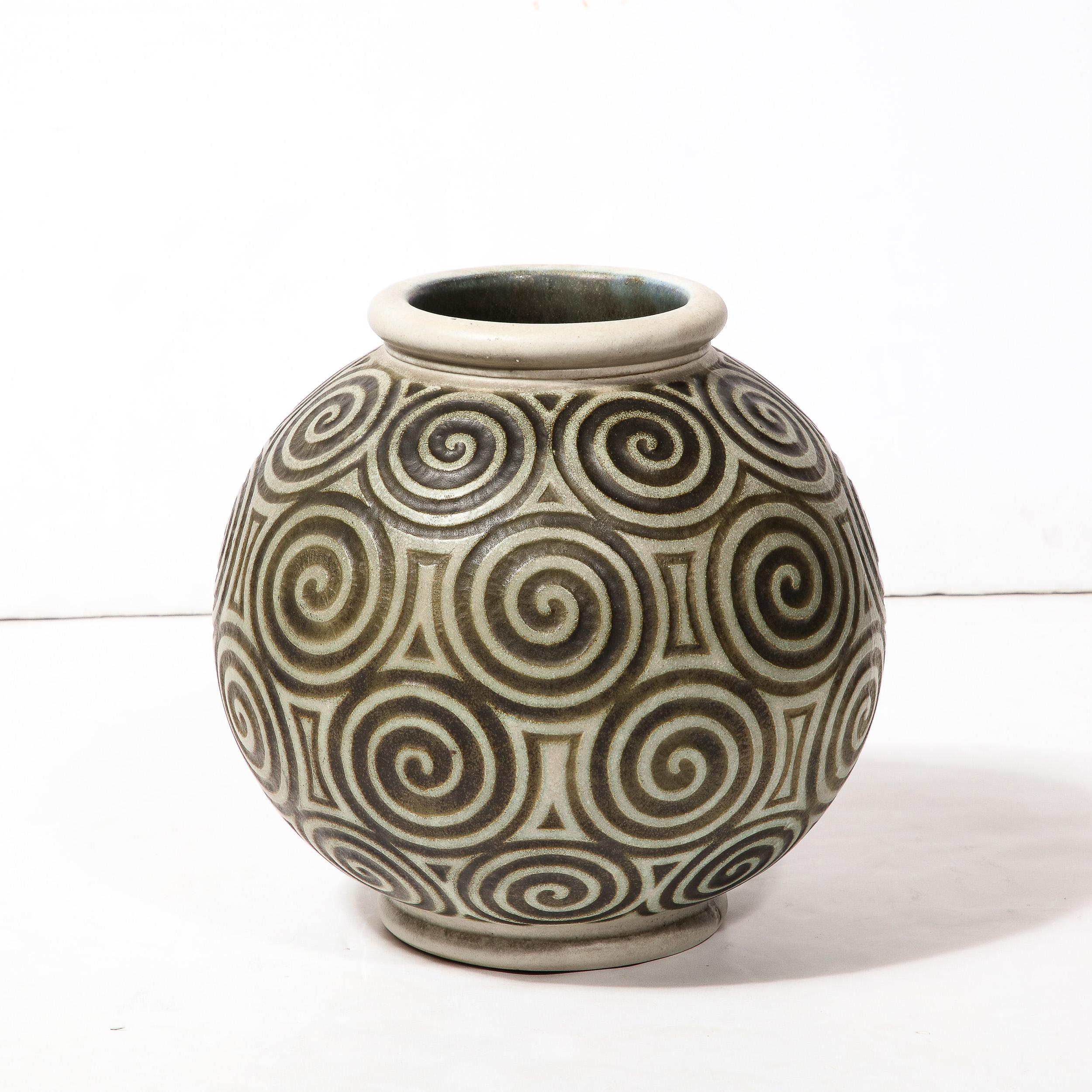 Art Deco Ceramic Vase with Geometric Spirals in Relief By Joseph Mougin Nancy 8