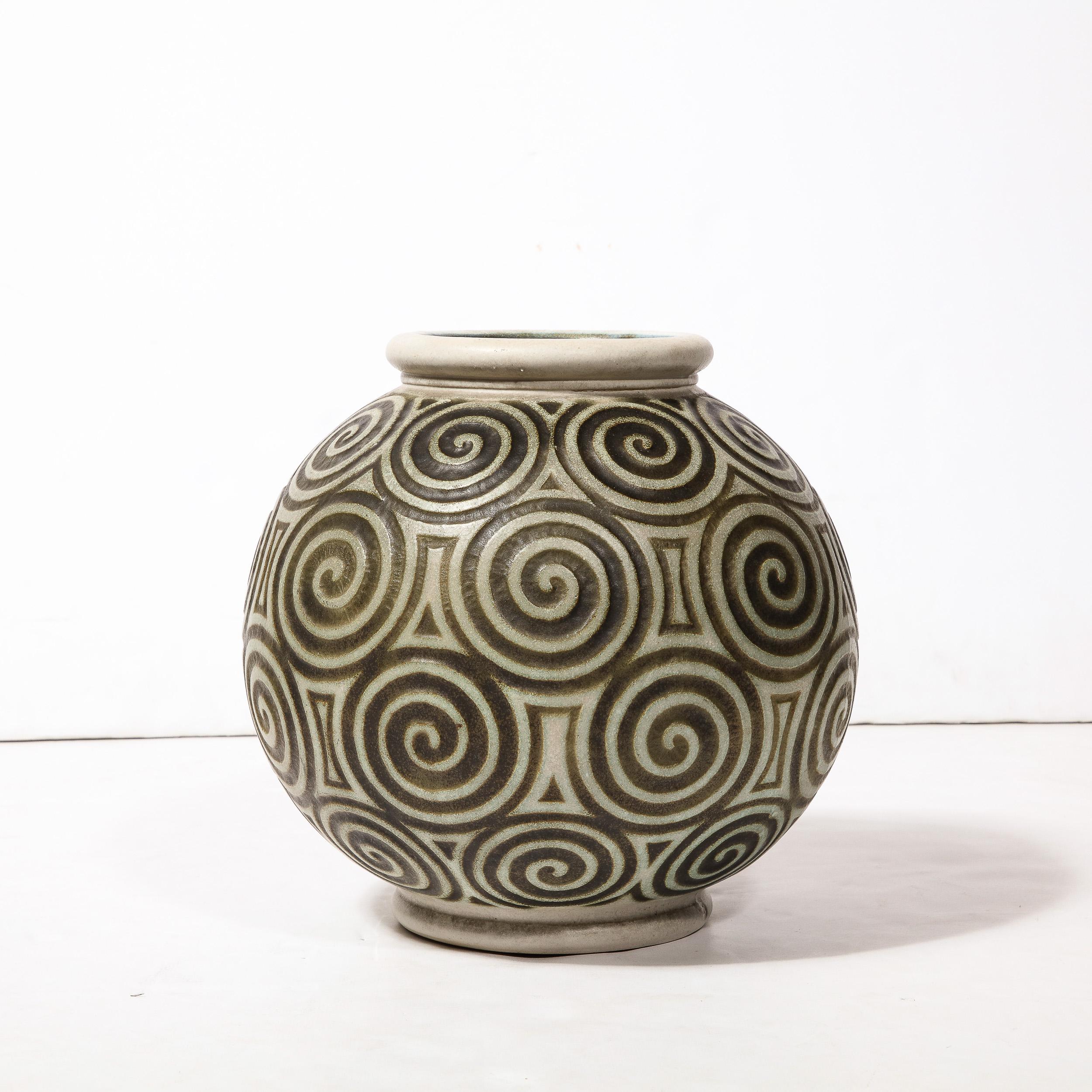 Art Deco Ceramic Vase with Geometric Spirals in Relief By Joseph Mougin Nancy 9