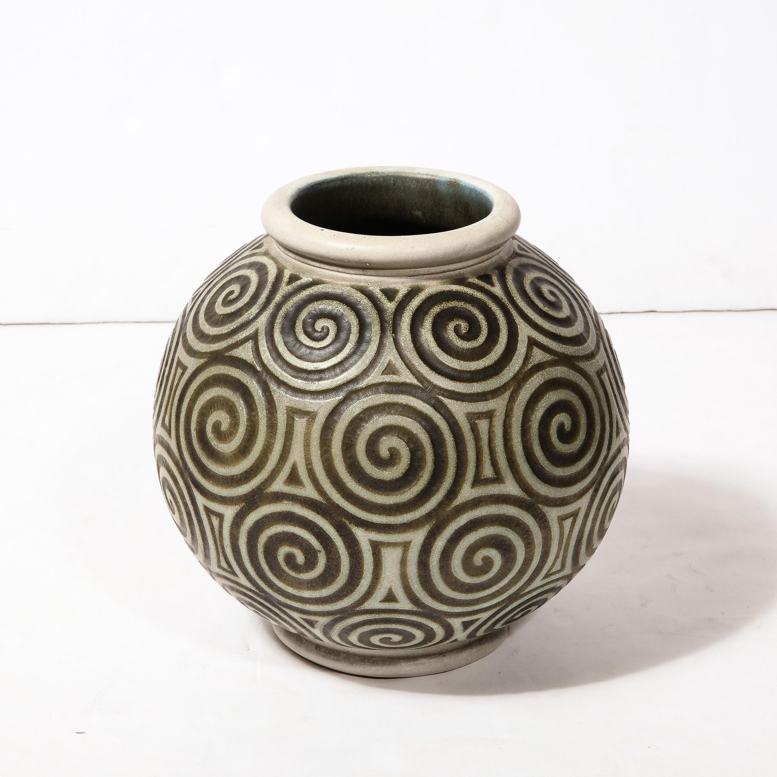 Art Deco Ceramic Vase with Geometric Spirals in Relief By Joseph Mougin Nancy 12