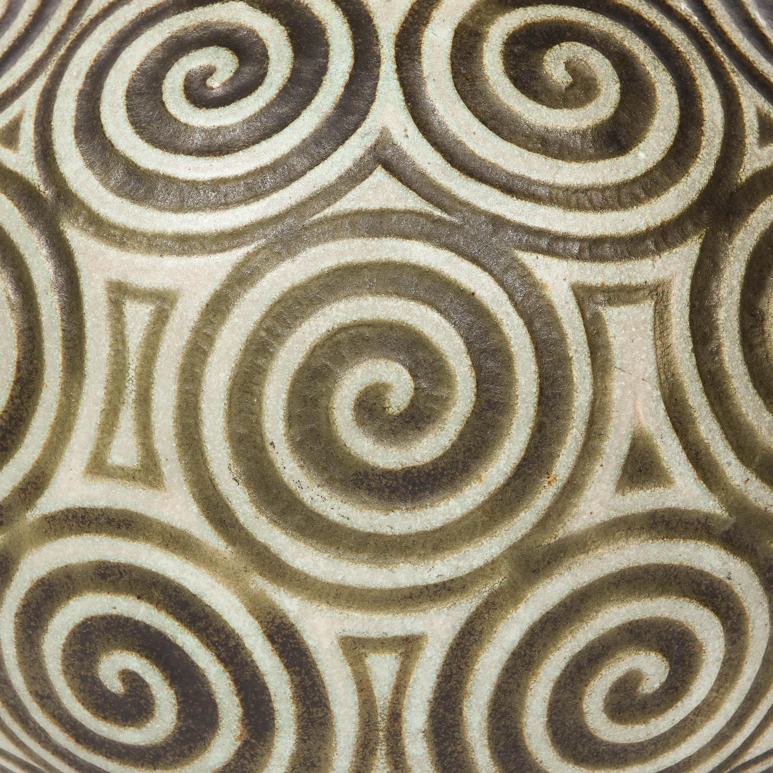 French Art Deco Ceramic Vase with Geometric Spirals in Relief By Joseph Mougin Nancy