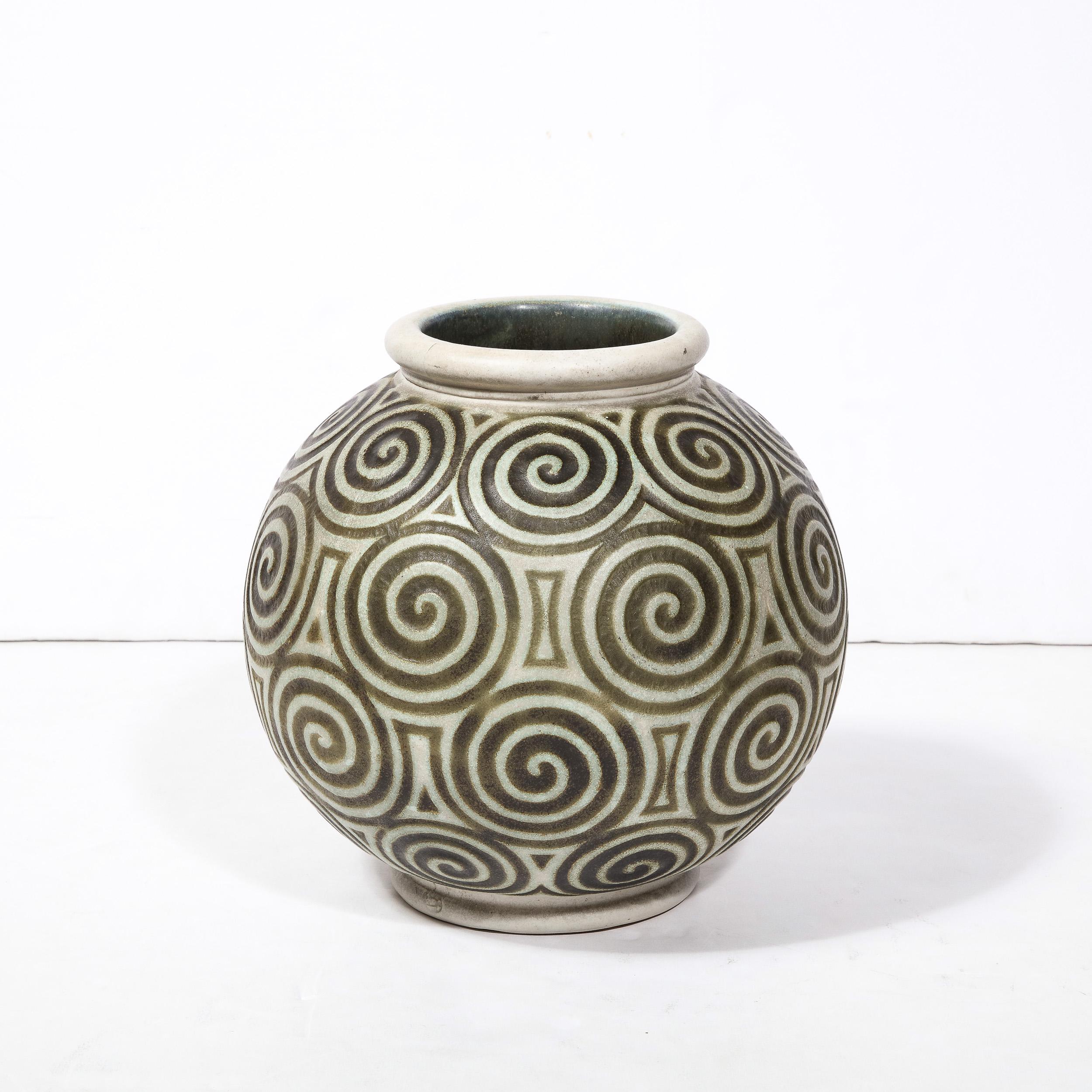 Art Deco Ceramic Vase with Geometric Spirals in Relief By Joseph Mougin Nancy In Excellent Condition In New York, NY
