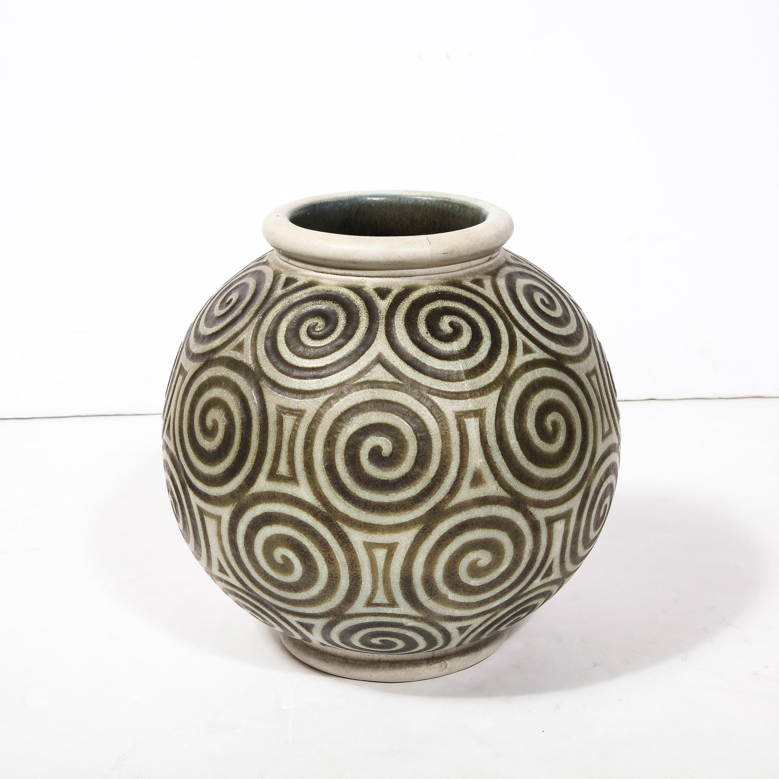 Early 20th Century Art Deco Ceramic Vase with Geometric Spirals in Relief By Joseph Mougin Nancy