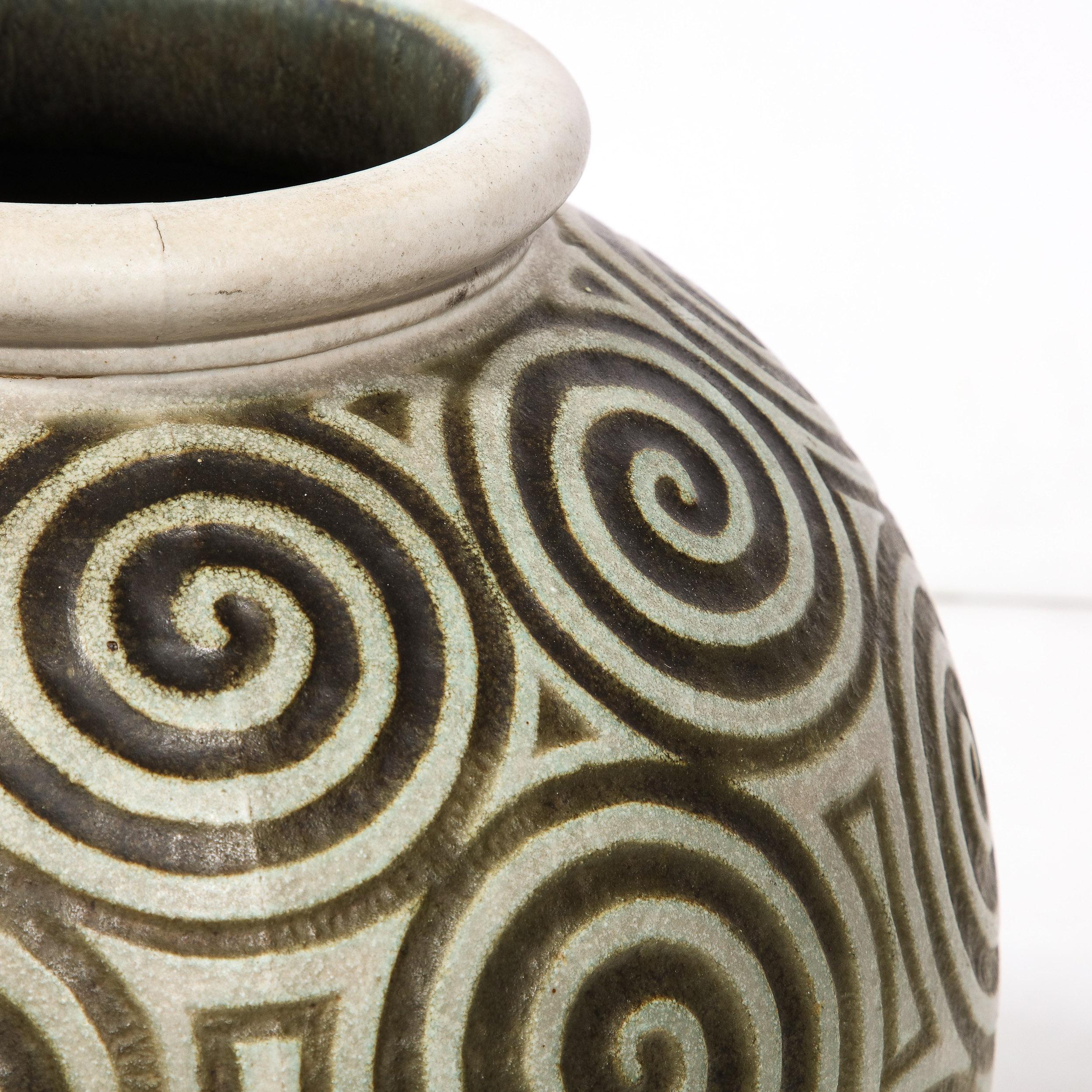 Art Deco Ceramic Vase with Geometric Spirals in Relief By Joseph Mougin Nancy 1