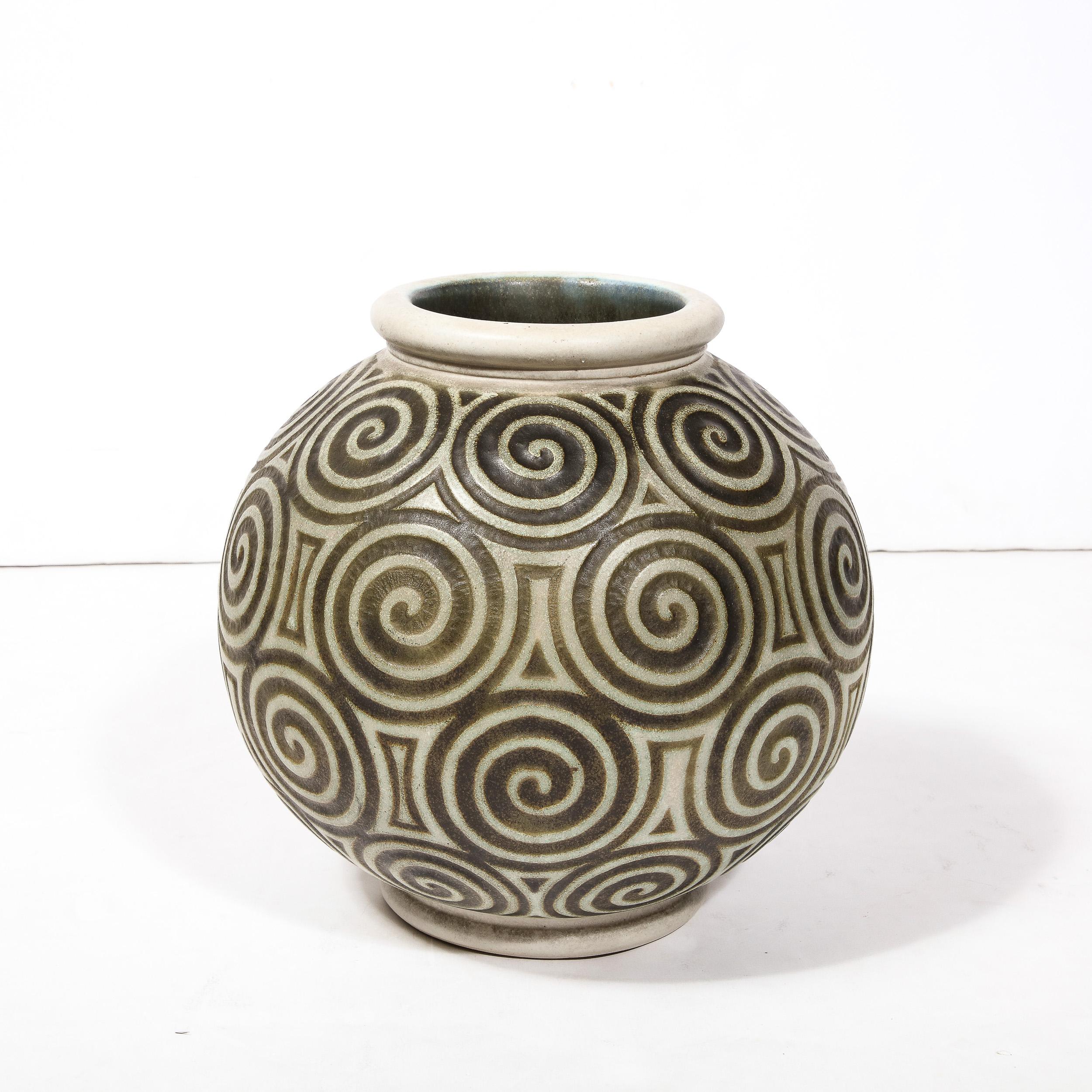 Art Deco Ceramic Vase with Geometric Spirals in Relief By Joseph Mougin Nancy 3