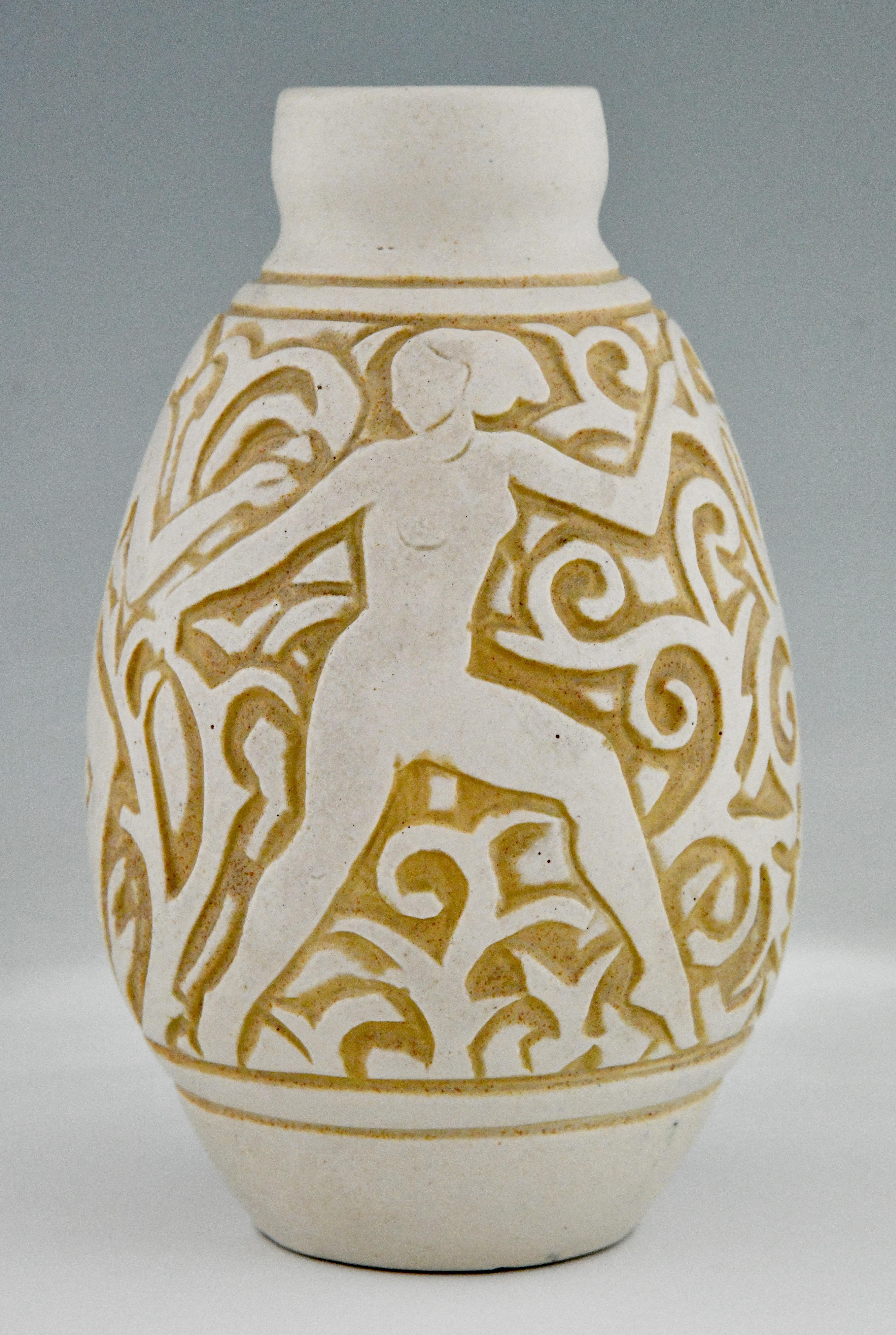 French Art Deco Ceramic Vase with Nudes by Mougin Frères Design by Gaston, 1930