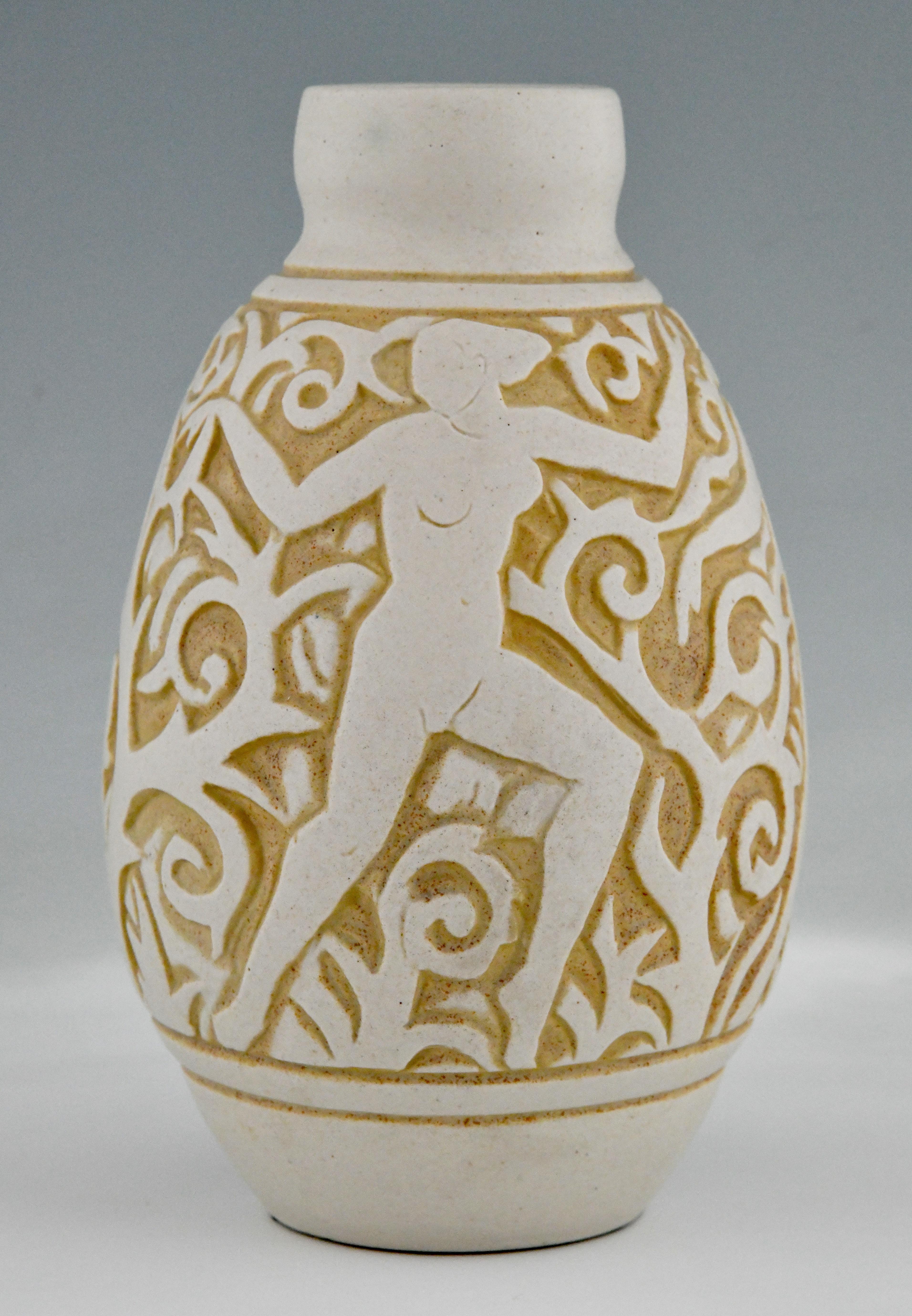 Mid-20th Century Art Deco Ceramic Vase with Nudes by Mougin Frères Design by Gaston, 1930