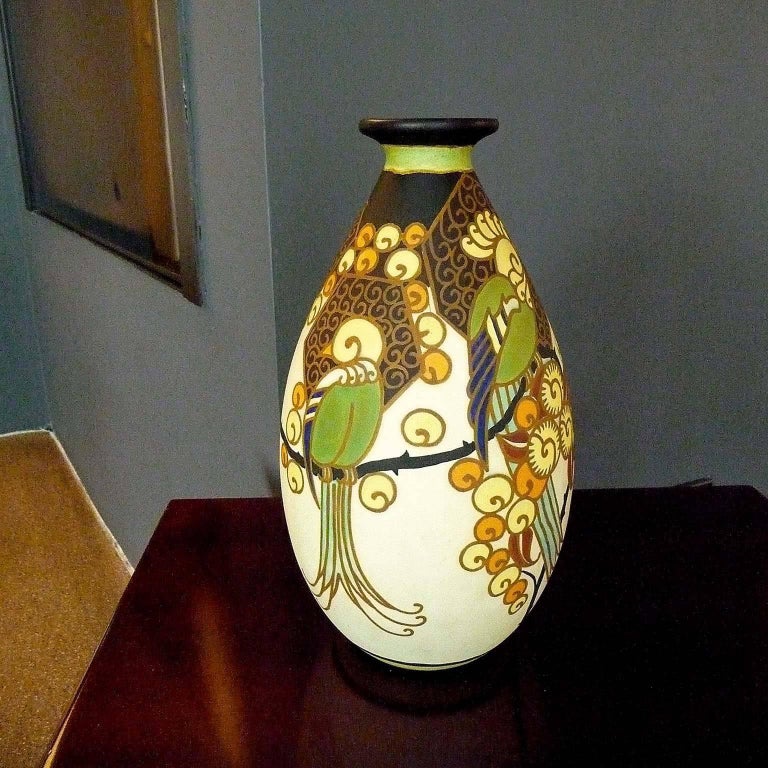 Art Deco Ceramic Vase with Parrots Decor by Boch Frères Keramis