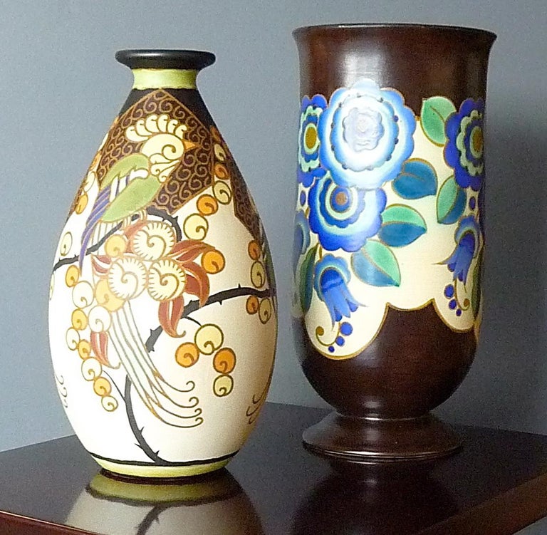 Art Deco Ceramic Vase with Parrots Decor by Boch Frères Keramis