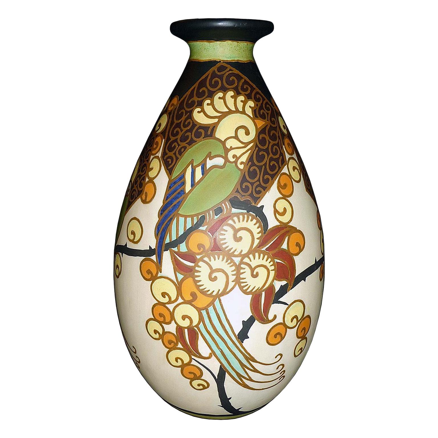 Art Deco Ceramic Vase with Parrots Decor by Boch Frères Keramis, Belgium Pottery
