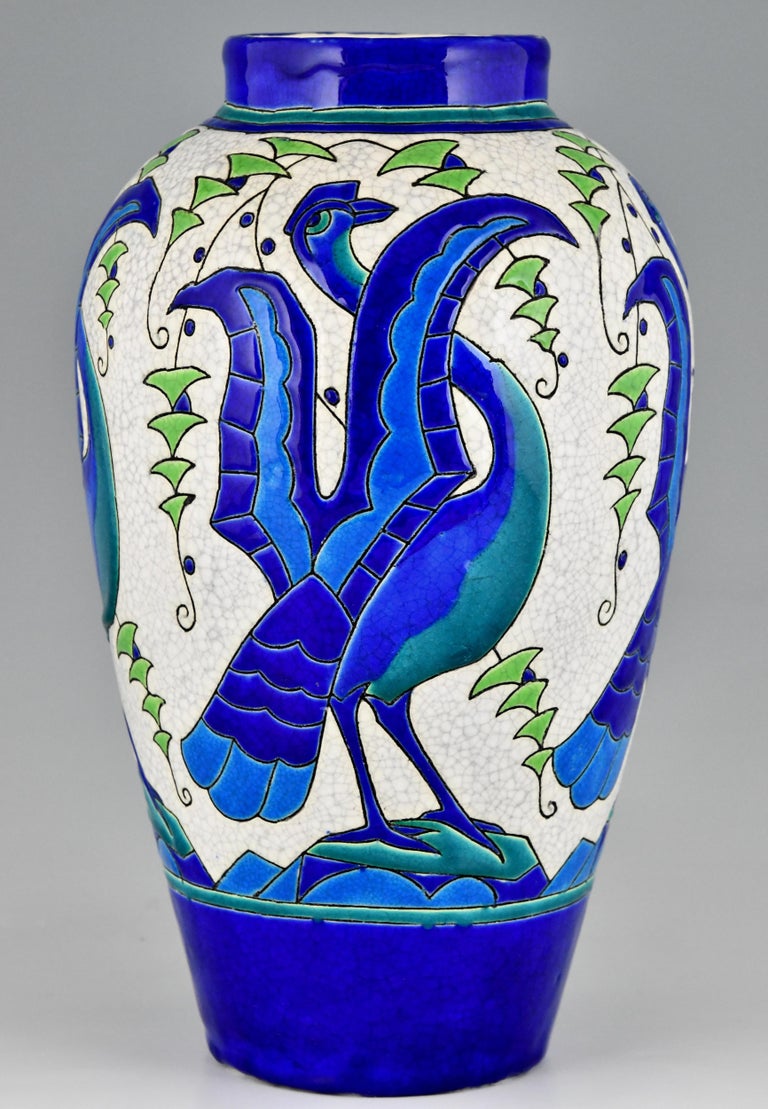 Art Deco ceramic vase with stylized birds by Charles Catteau, Keramis. 
Designed for the 