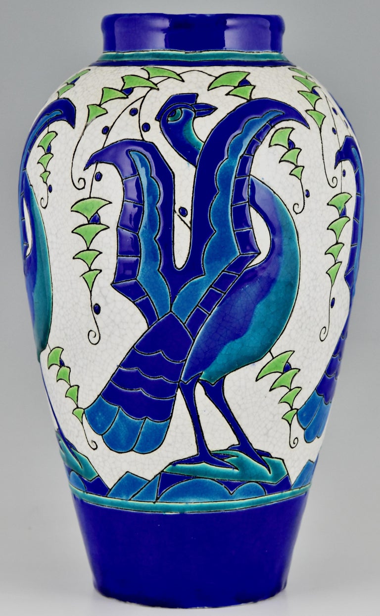 Belgian Art Deco Ceramic Vase with Stylized Birds, Charles Catteau for Keramis, 1931 For Sale