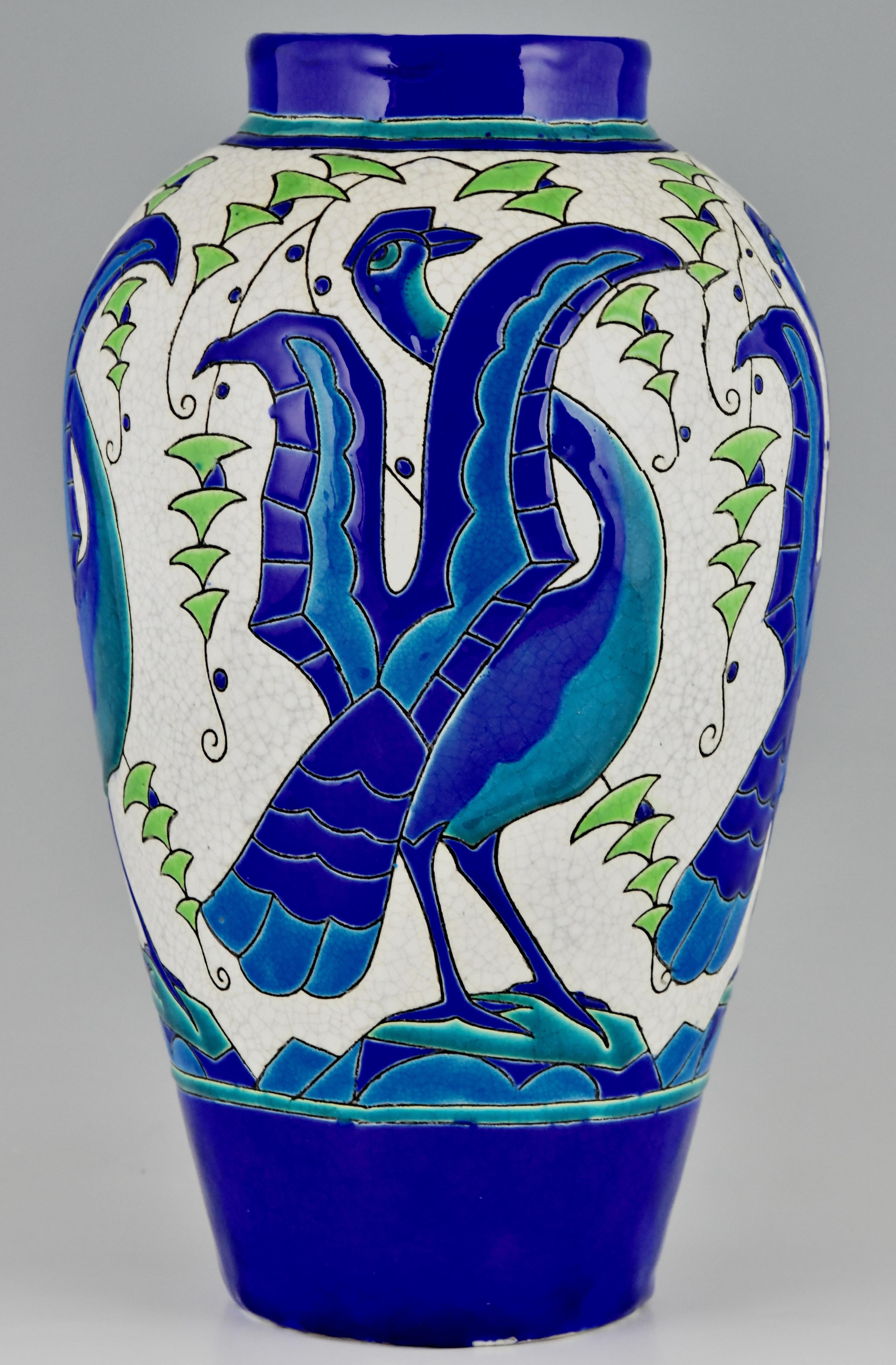 Enameled Art Deco Ceramic Vase with Stylized Birds, Charles Catteau for Keramis, 1931