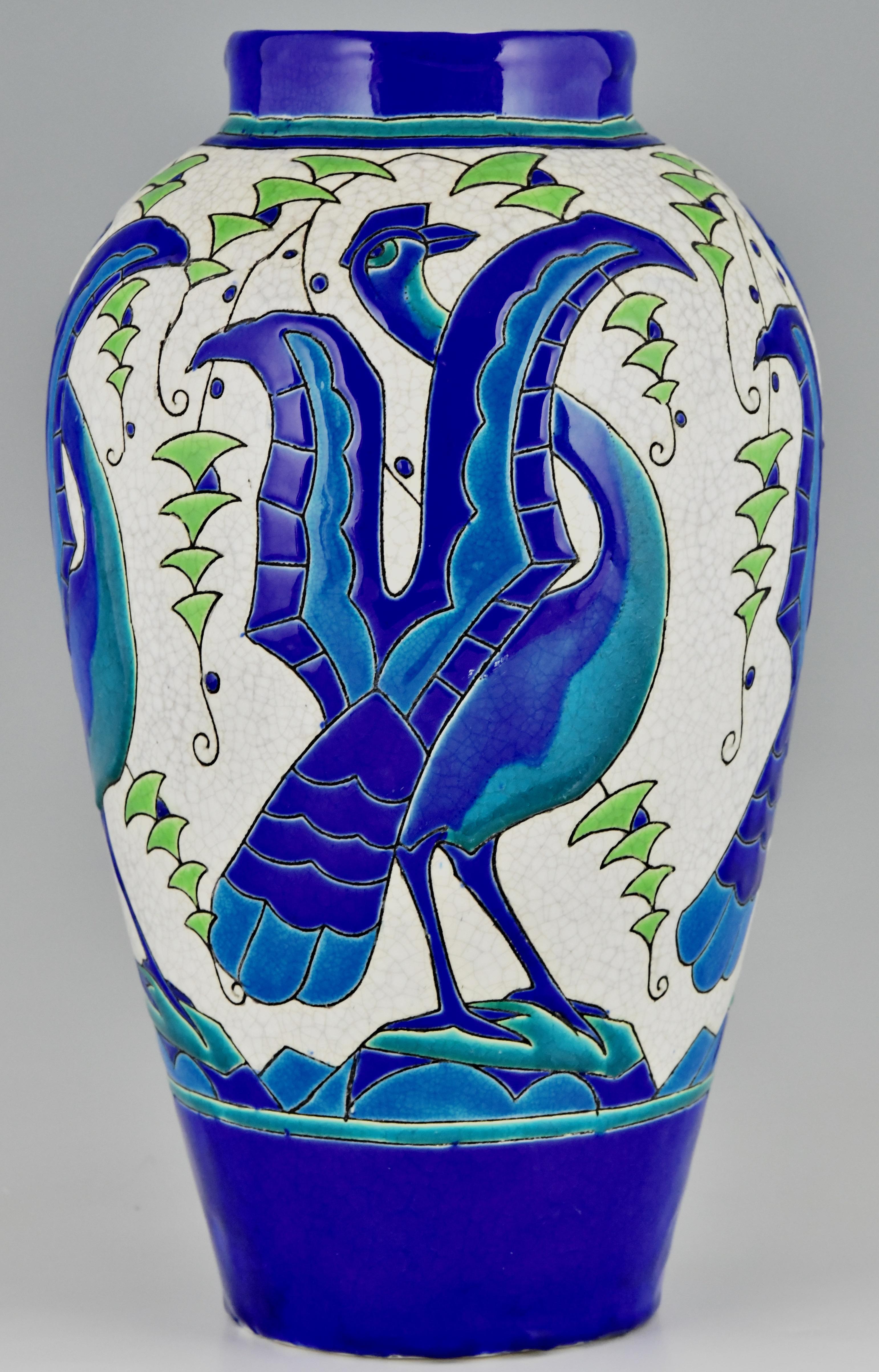 Art Deco Ceramic Vase with Stylized Birds, Charles Catteau for Keramis, 1931 In Good Condition In Antwerp, BE