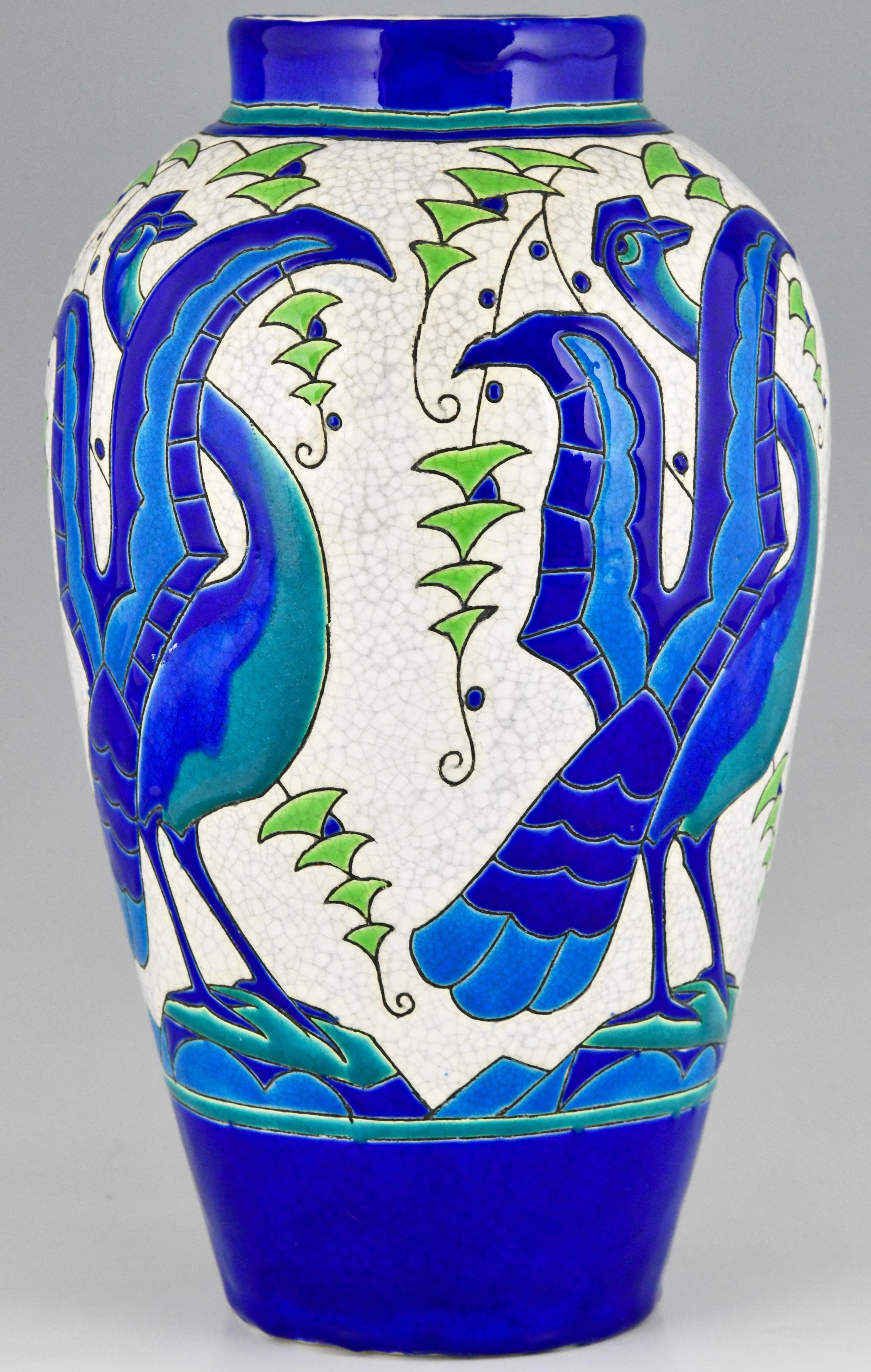 Mid-20th Century Art Deco Ceramic Vase with Stylized Birds, Charles Catteau for Keramis, 1931