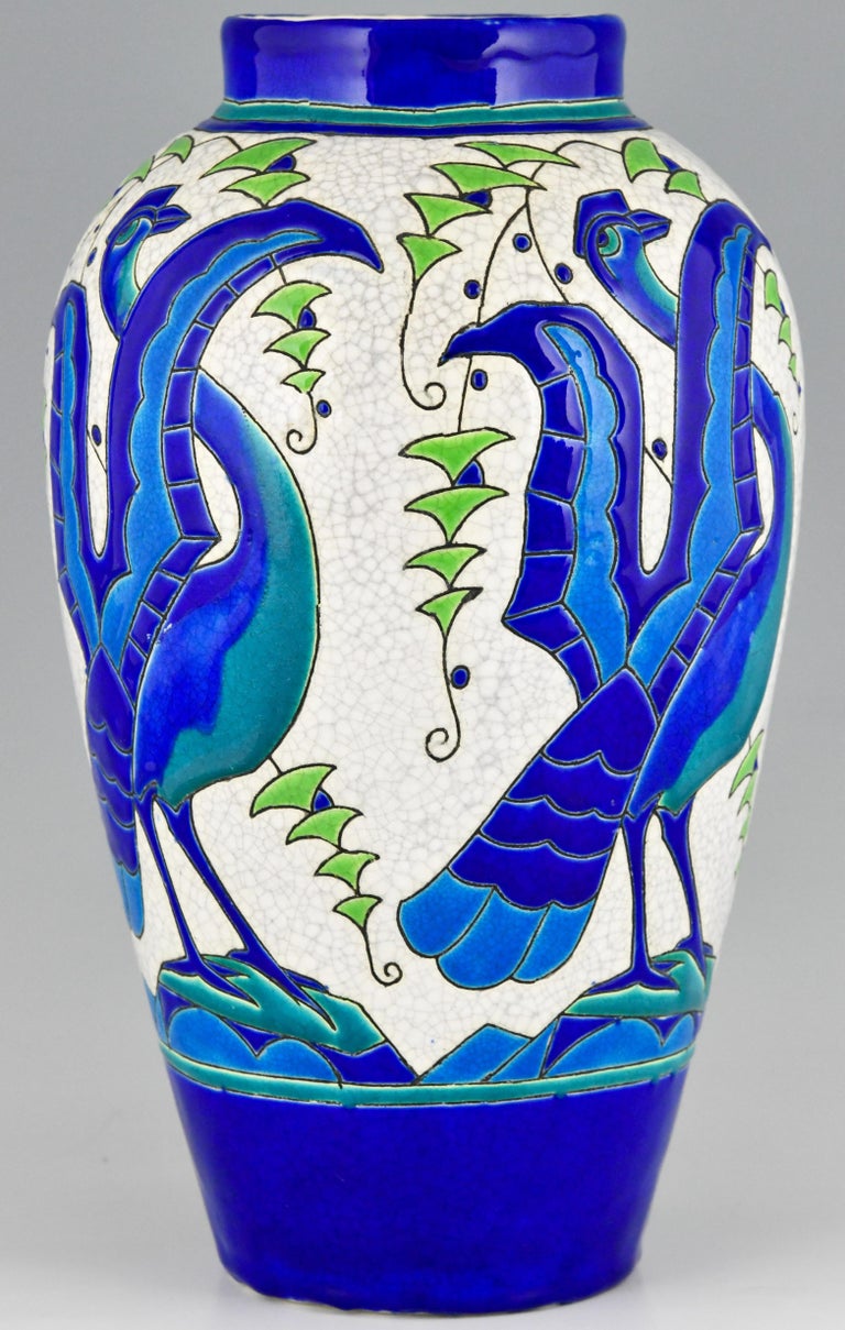 Mid-20th Century Art Deco Ceramic Vase with Stylized Birds, Charles Catteau for Keramis, 1931 For Sale