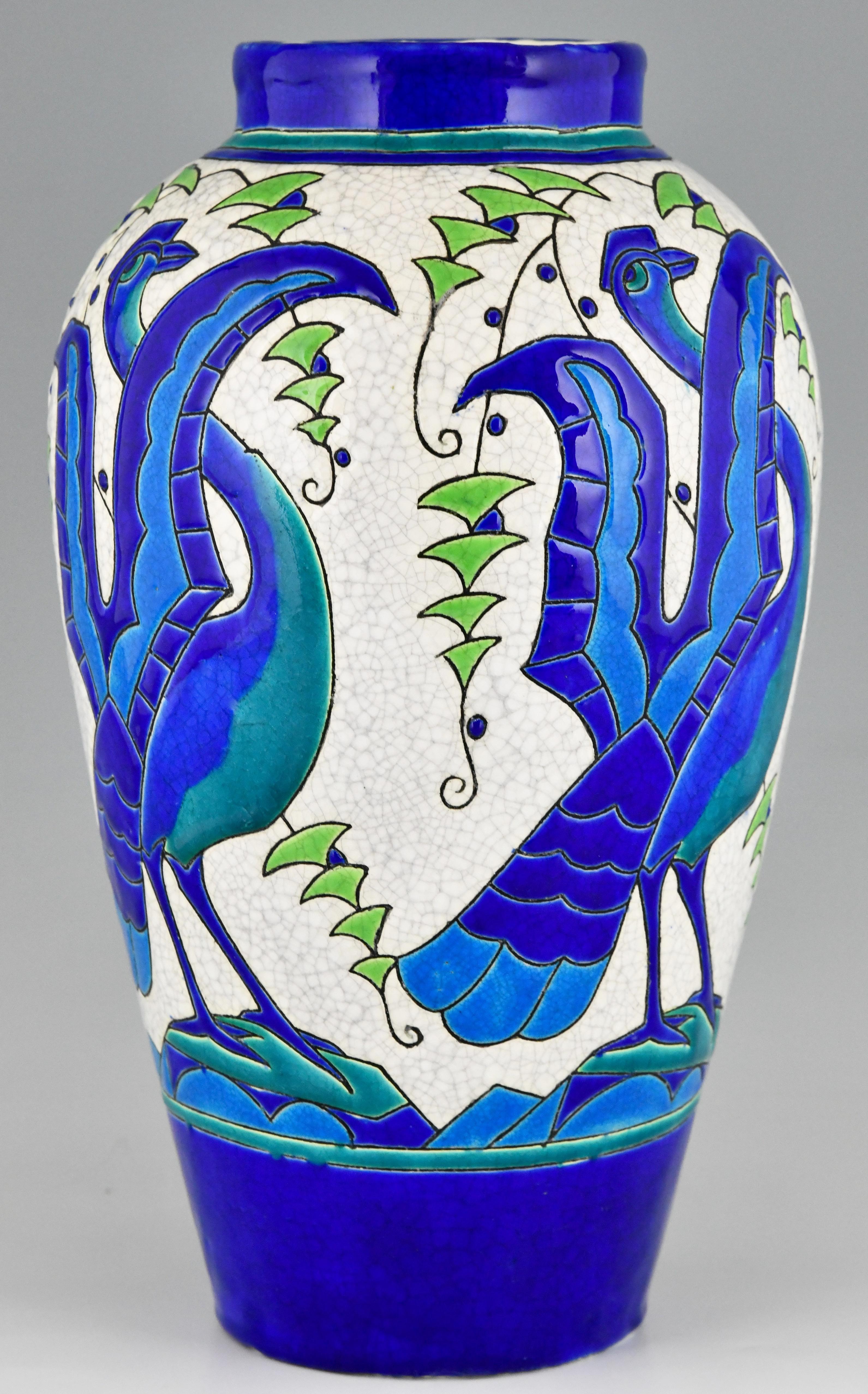 Art Deco Ceramic Vase with Stylized Birds, Charles Catteau for Keramis, 1931 1