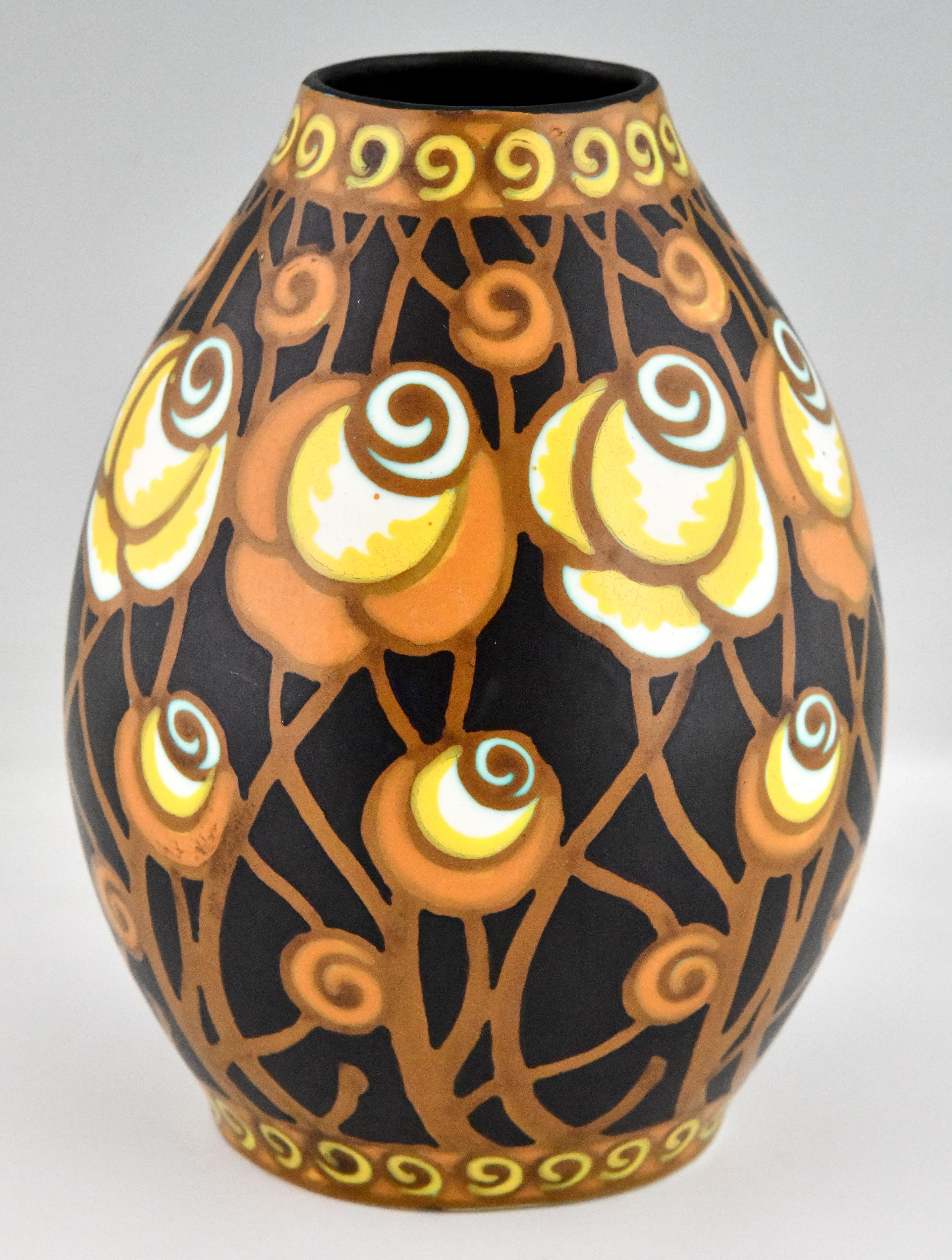 Art Deco Ceramic Vase with Stylized Flowers by Charles Catteau Boch Frères, 1925 In Good Condition In Antwerp, BE