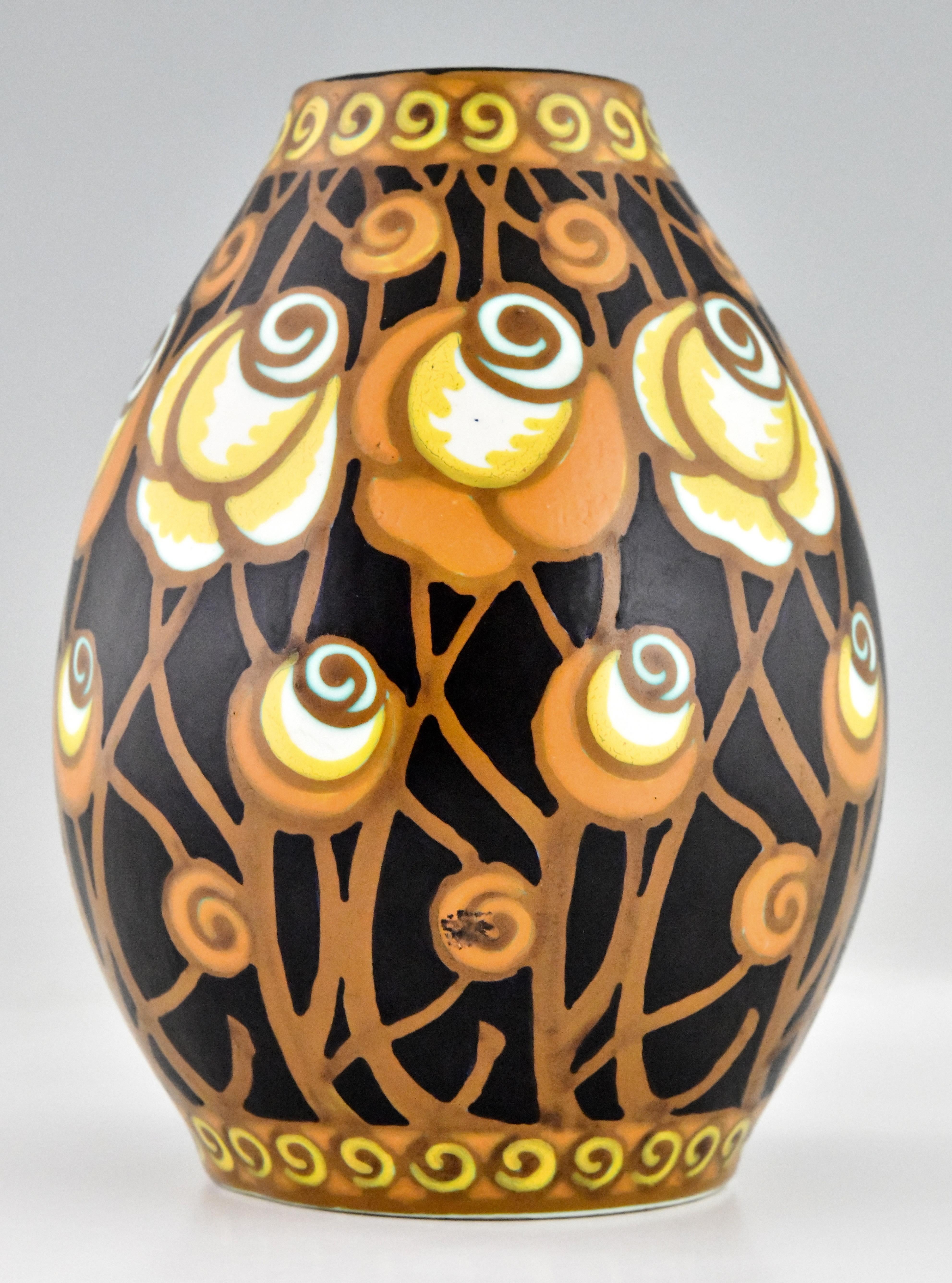 Early 20th Century Art Deco Ceramic Vase with Stylized Flowers by Charles Catteau Boch Frères, 1925