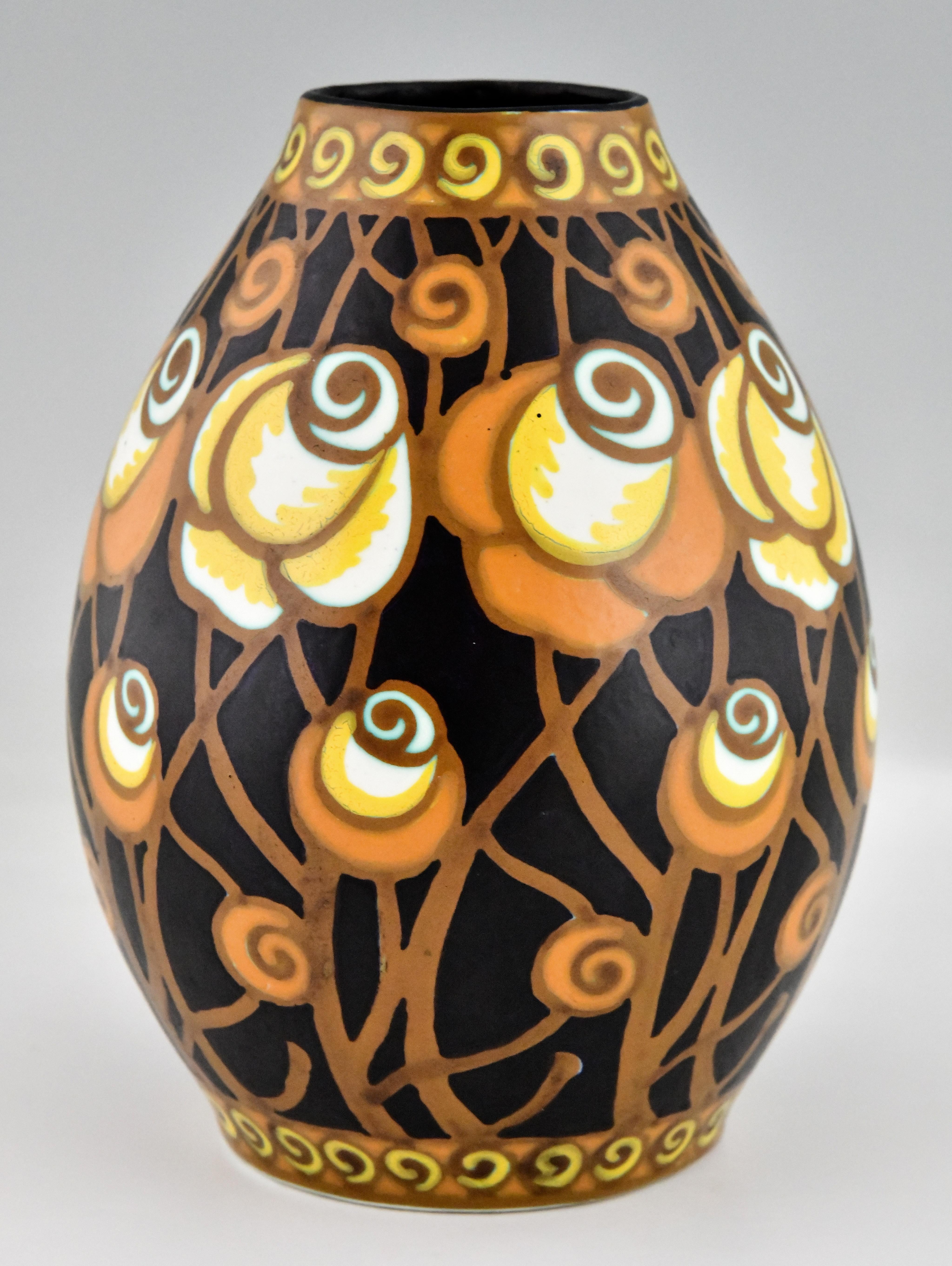 Art Deco Ceramic Vase with Stylized Flowers by Charles Catteau Boch Frères, 1925 1