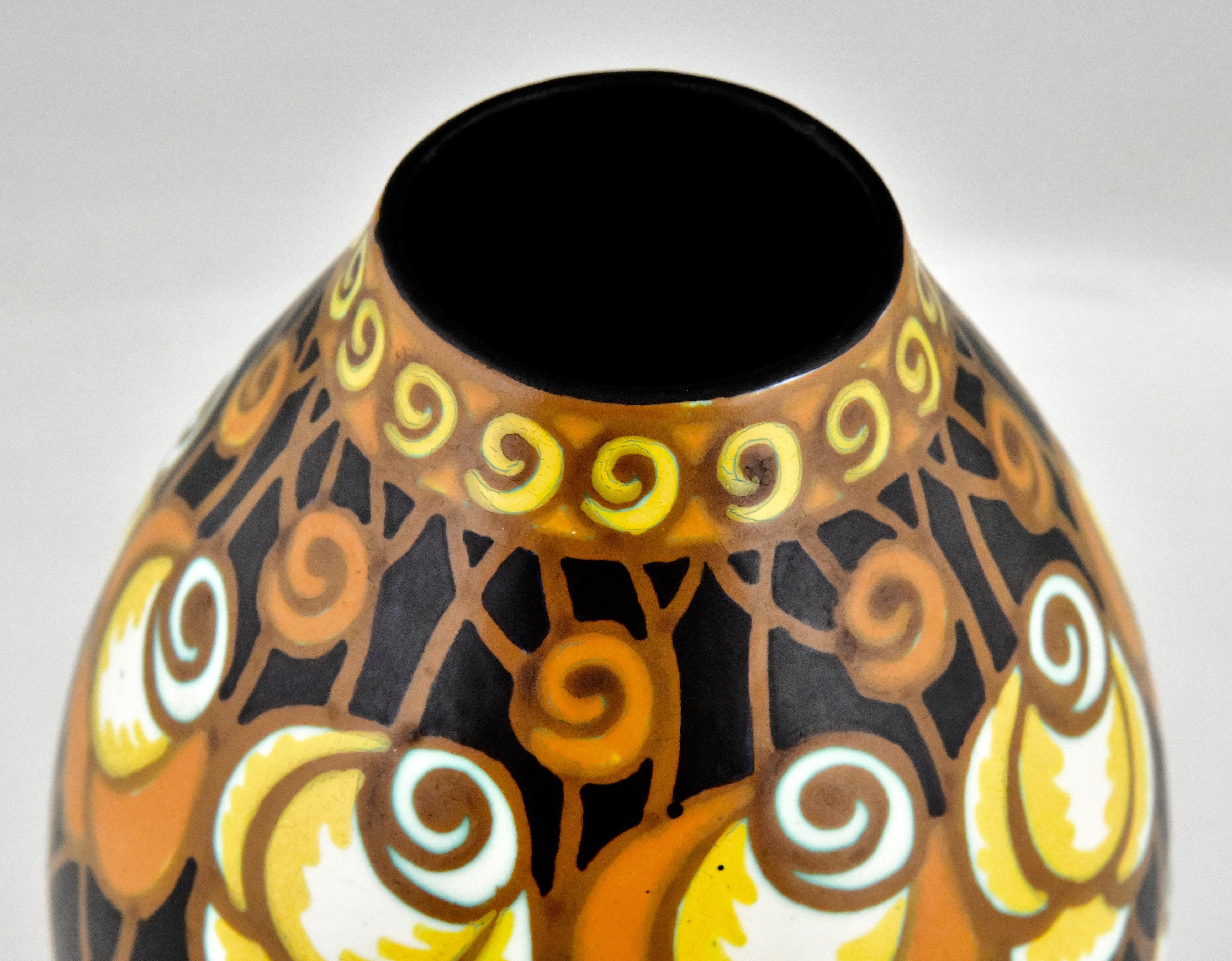 Art Deco Ceramic Vase with Stylized Flowers by Charles Catteau Boch Frères, 1925 2