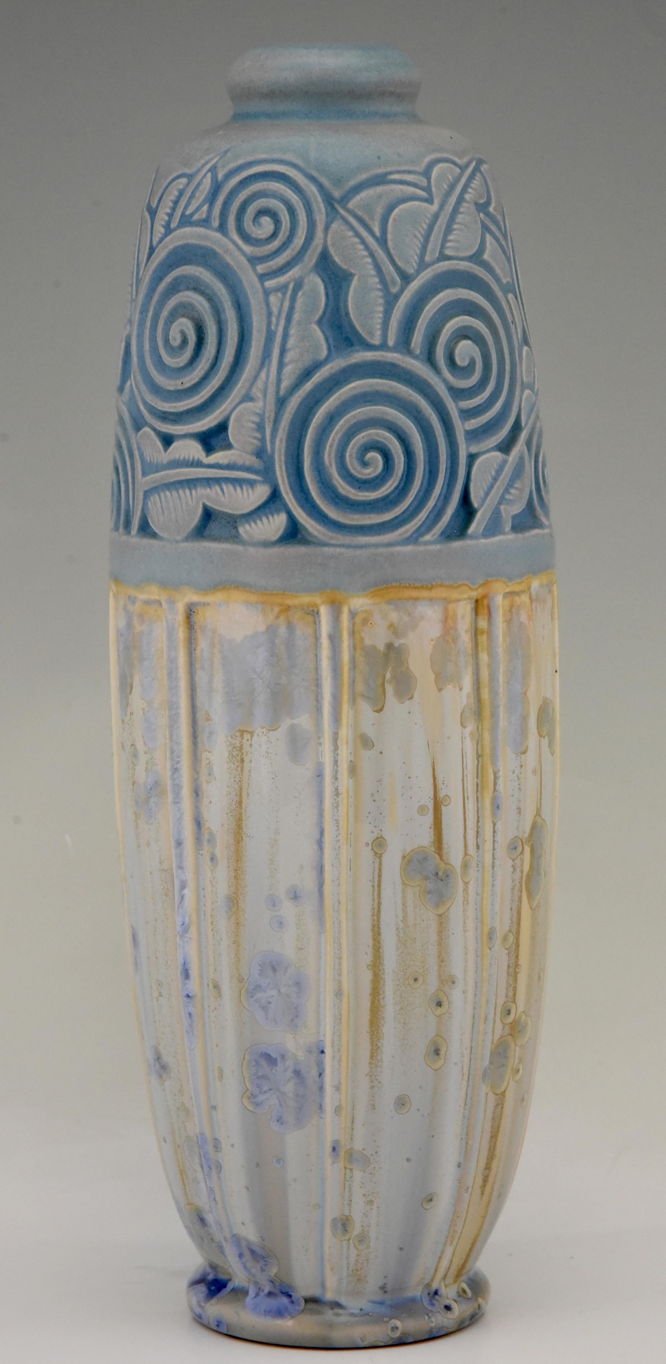 Art Deco Ceramic Vase with Stylized Flowers Gaston Ventrillon for Mougin Nancy 3