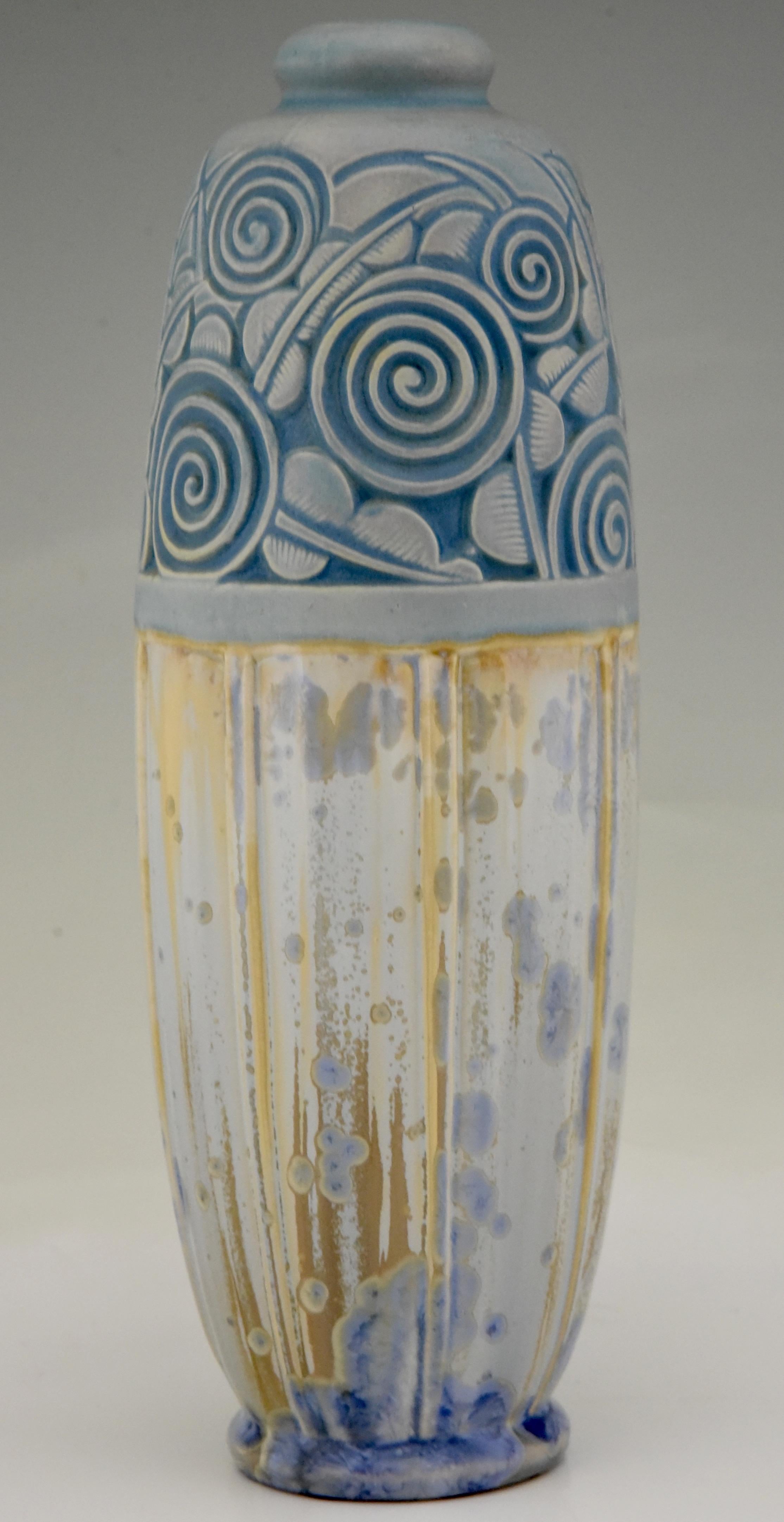 French Art Deco Ceramic Vase with Stylized Flowers Gaston Ventrillon for Mougin Nancy