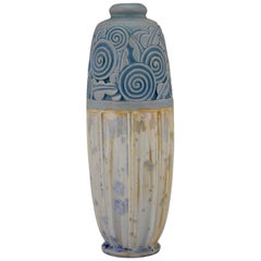 Art Deco Ceramic Vase with Stylized Flowers Gaston Ventrillon for Mougin Nancy