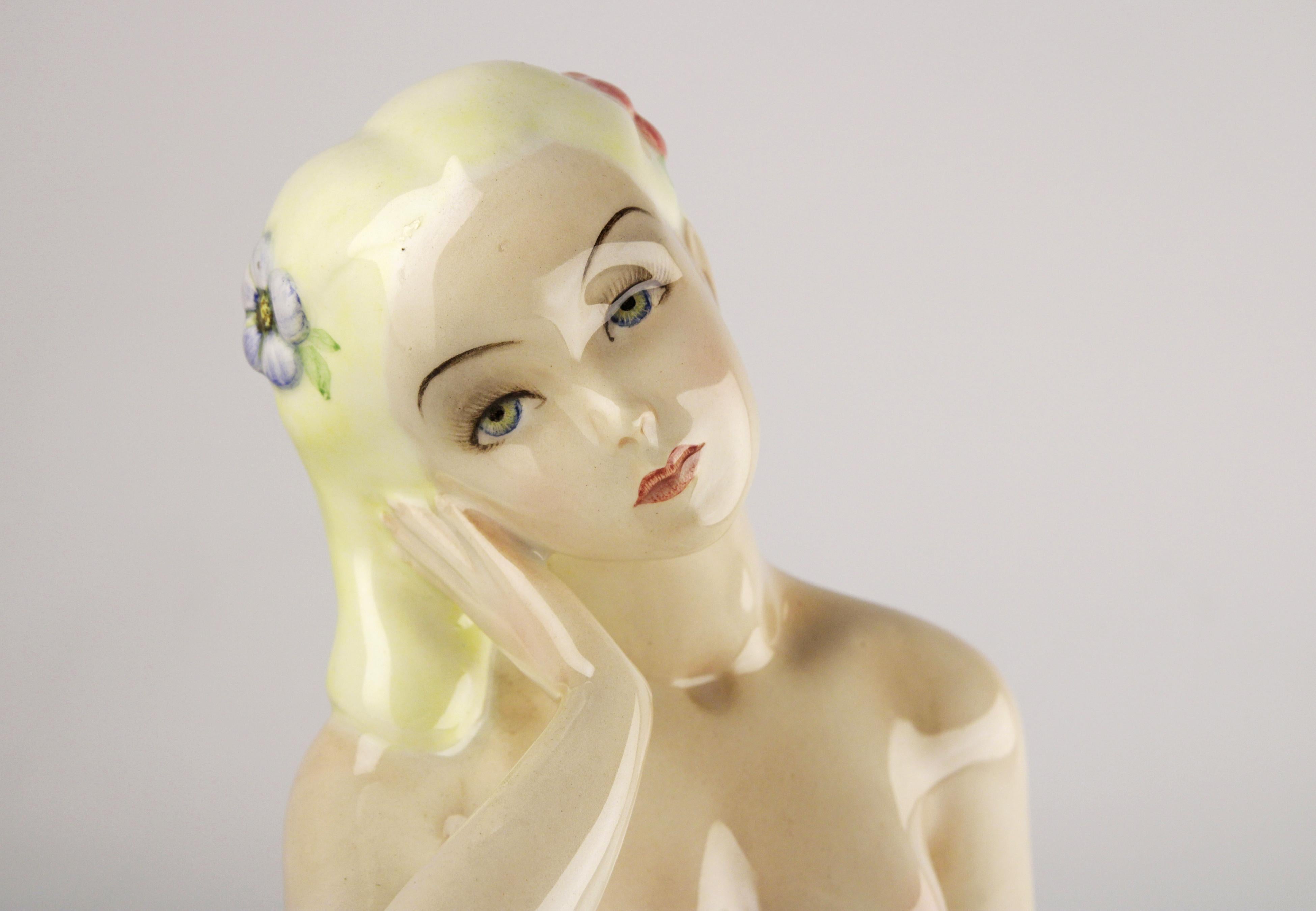 Mid-20th Century Glazed Ceramic Naked Woman Figure Sculpture from Torino, Italy In Good Condition For Sale In North Miami, FL