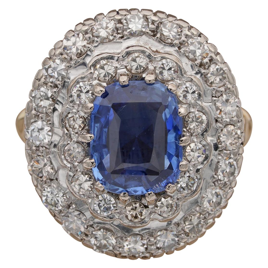 Art Deco Cert. 2.51 Carat Natural Ceylon Sapphire 1.20 Ct Diamond Plat Gold Ring For Sale