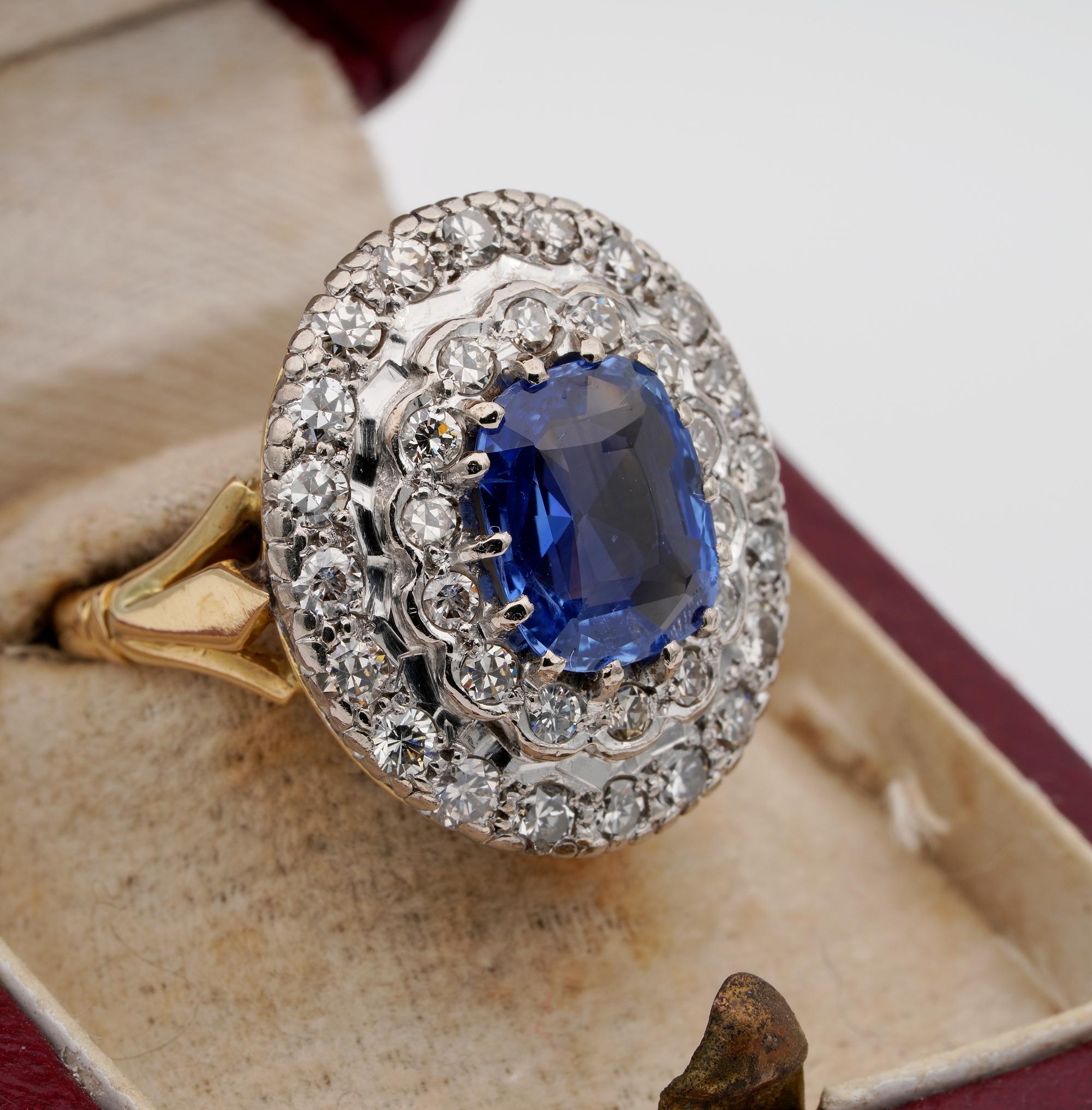 Past Statement

Imposing classy style from the late Art Deco period designed in a large oval crown with two tiers of Diamonds surrounding a fantastic natural Sapphire, a statement ring from past times
Entirely hand crafted of solid Platinum for the