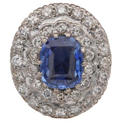 Vintage Art Deco Cert. 2.51 Ct Natural No Ceylon Sapphire 1.20 Ct Diamond Ring