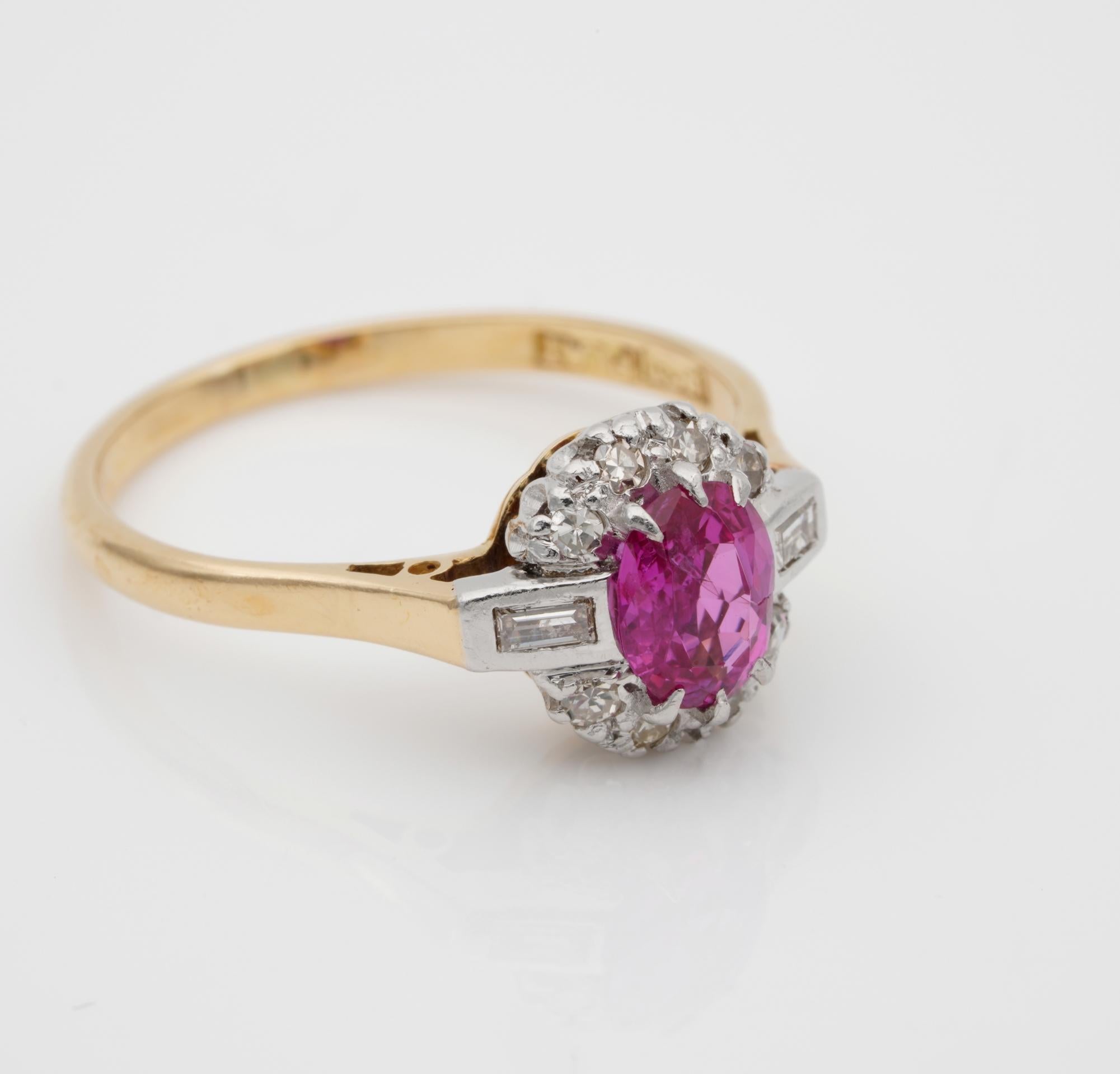 Oval Cut Art Deco Cert. Burma No Heat Pink Sapphire Diamond Ring For Sale