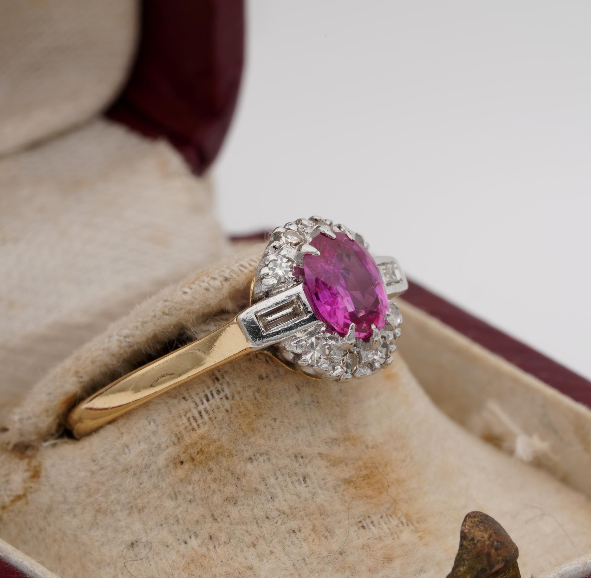 Art Deco Cert. Burma No Heat Pink Sapphire Diamond Ring In Good Condition For Sale In Napoli, IT
