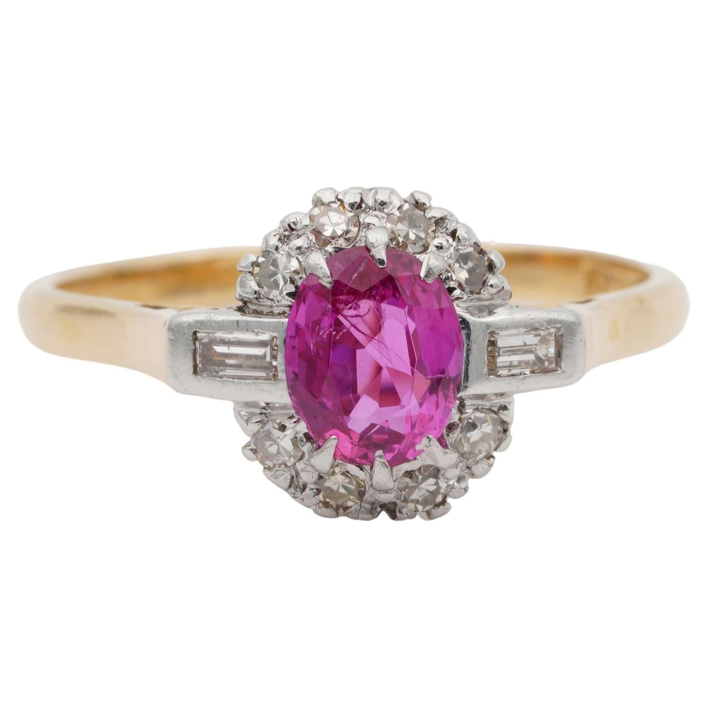 Art Deco Zertifikat. Burma Ring mit unbehandeltem rosa Saphir und Diamant