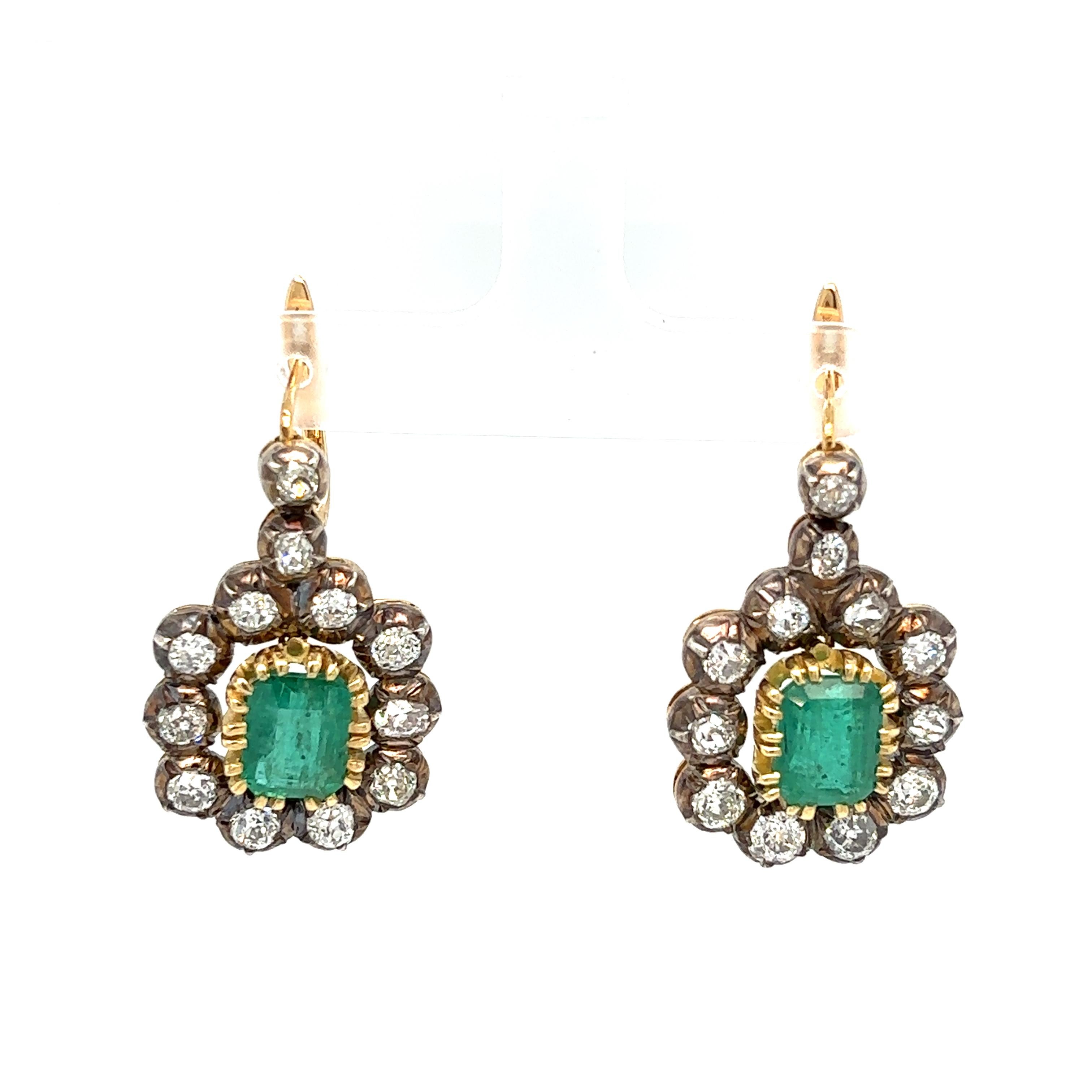 Emerald Cut Victorian Certificate Emerald Diamond Gold Drop Earrings, 1900s For Sale