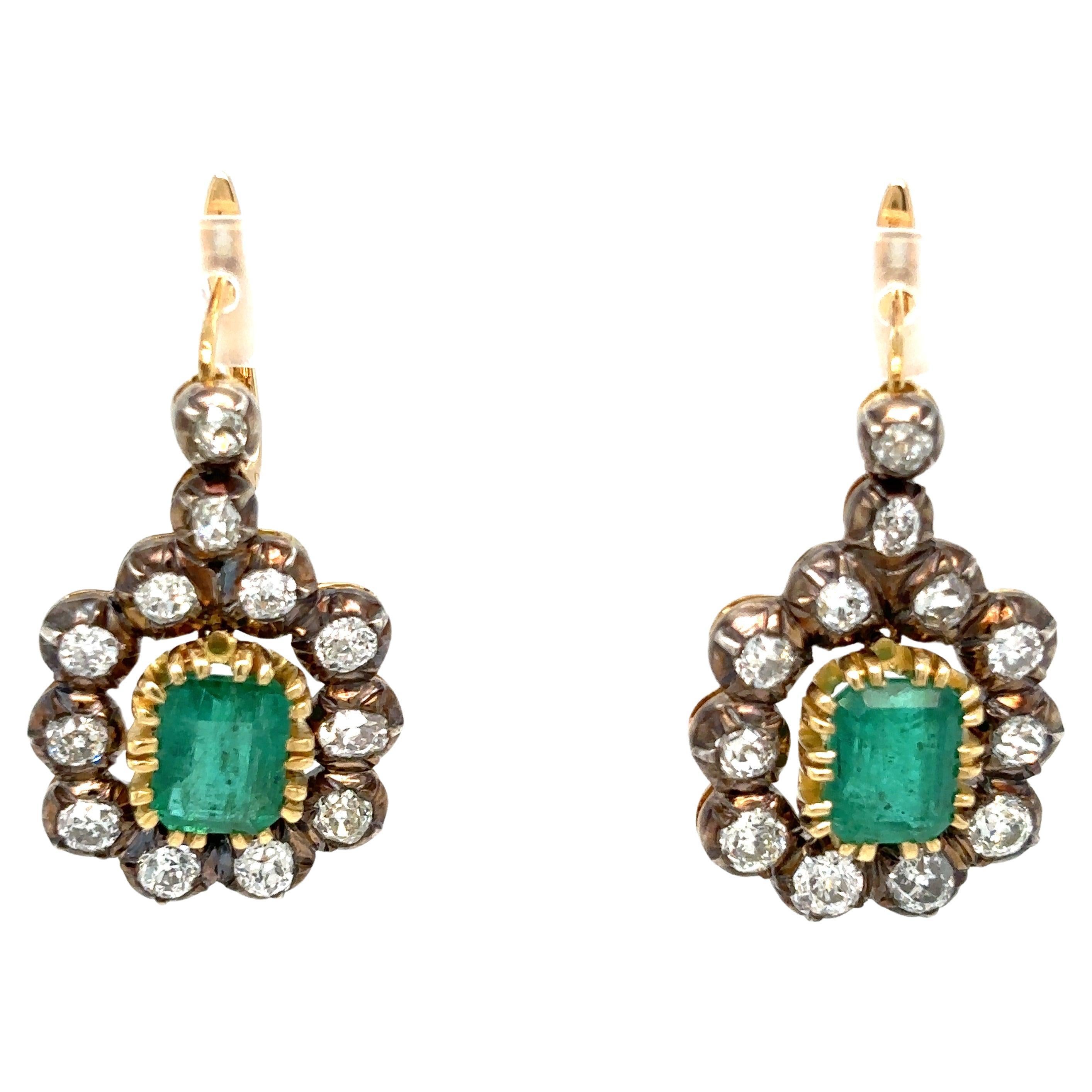 Victorian Certificate Emerald Diamond Gold Drop Earrings, 1900s For Sale