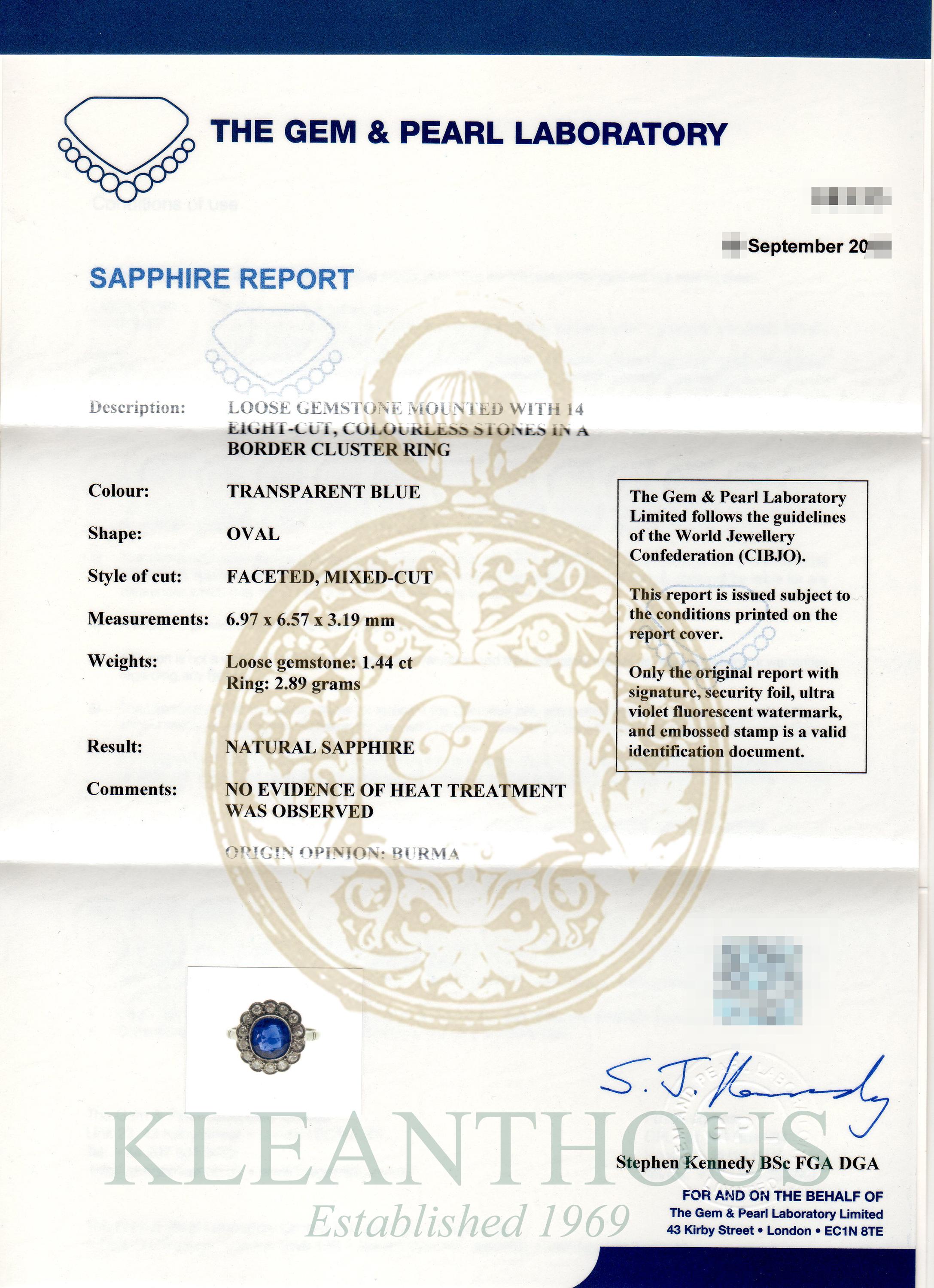Art Deco Certificated Untreated Burma Blue Sapphire 1.44 Carat Diamond Ring 3