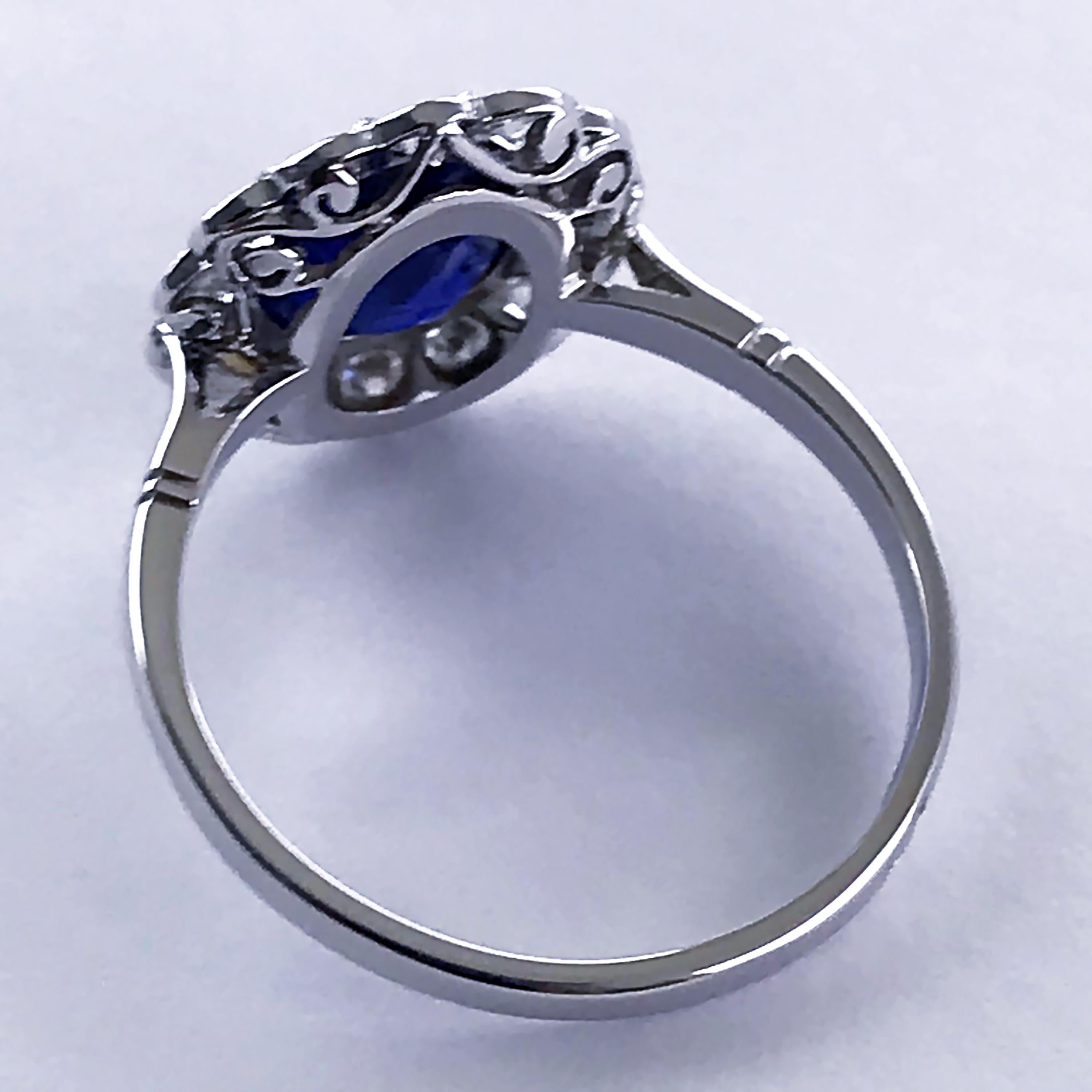 Art Deco Certificated Untreated Burma Blue Sapphire 1.44 Carat Diamond Ring 4