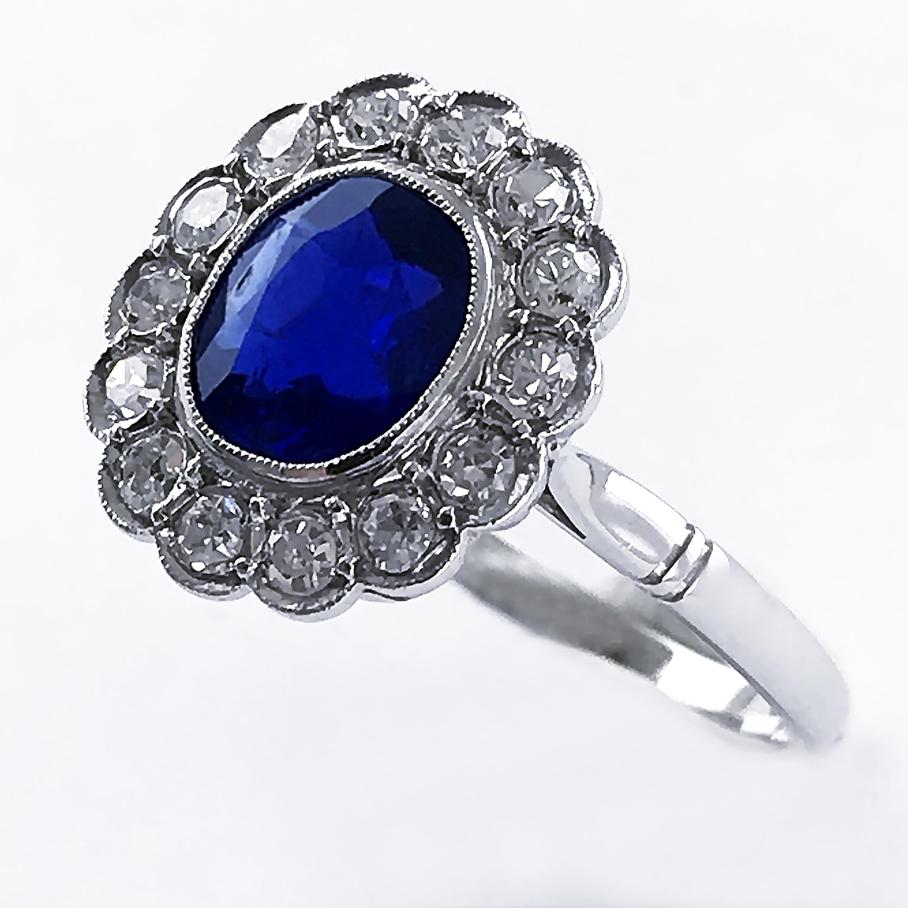Oval Cut Art Deco Certificated Untreated Burma Blue Sapphire 1.44 Carat Diamond Ring